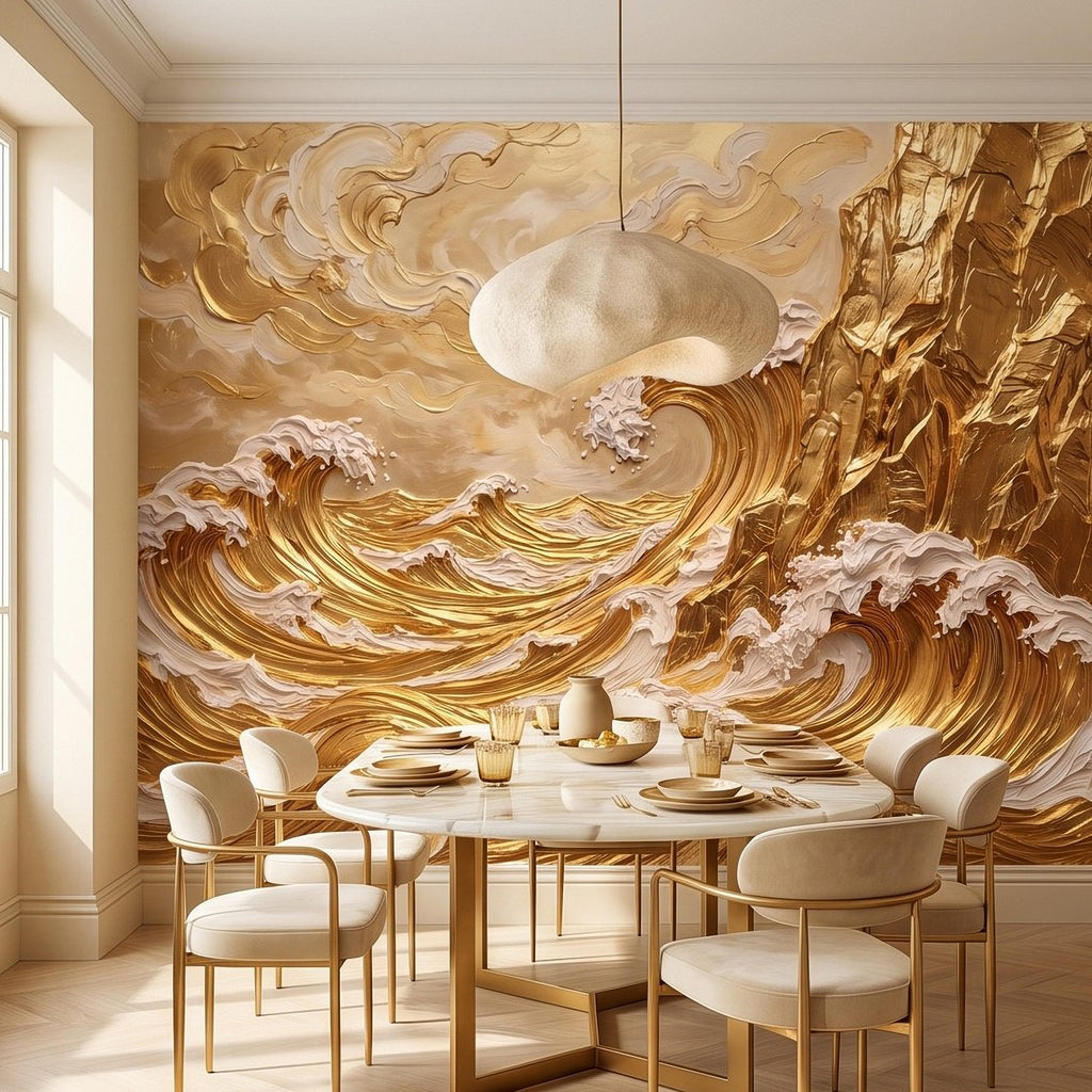 Great Wave Inspired Peel and Stick Wall Mural, Golden Ocean Waves Coastal Cliffs Luxury Seascape Wallpaper