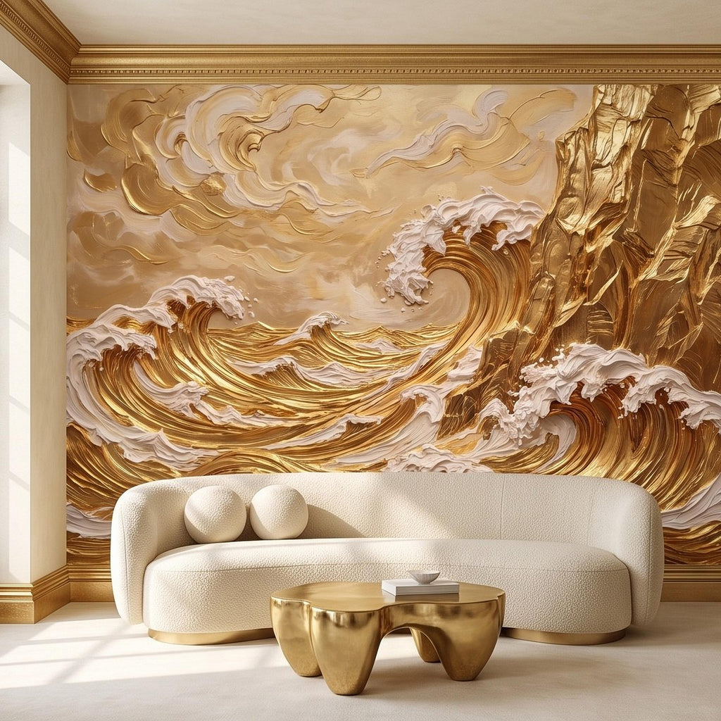 Great Wave Inspired Peel and Stick Wall Mural, Golden Ocean Waves Coastal Cliffs Luxury Seascape Wallpaper