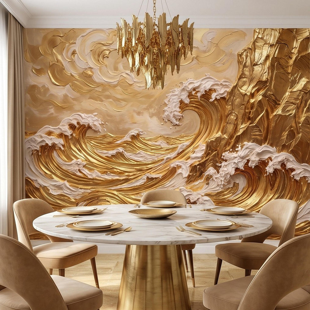 Great Wave Inspired Peel and Stick Wall Mural, Golden Ocean Waves Coastal Cliffs Luxury Seascape Wallpaper