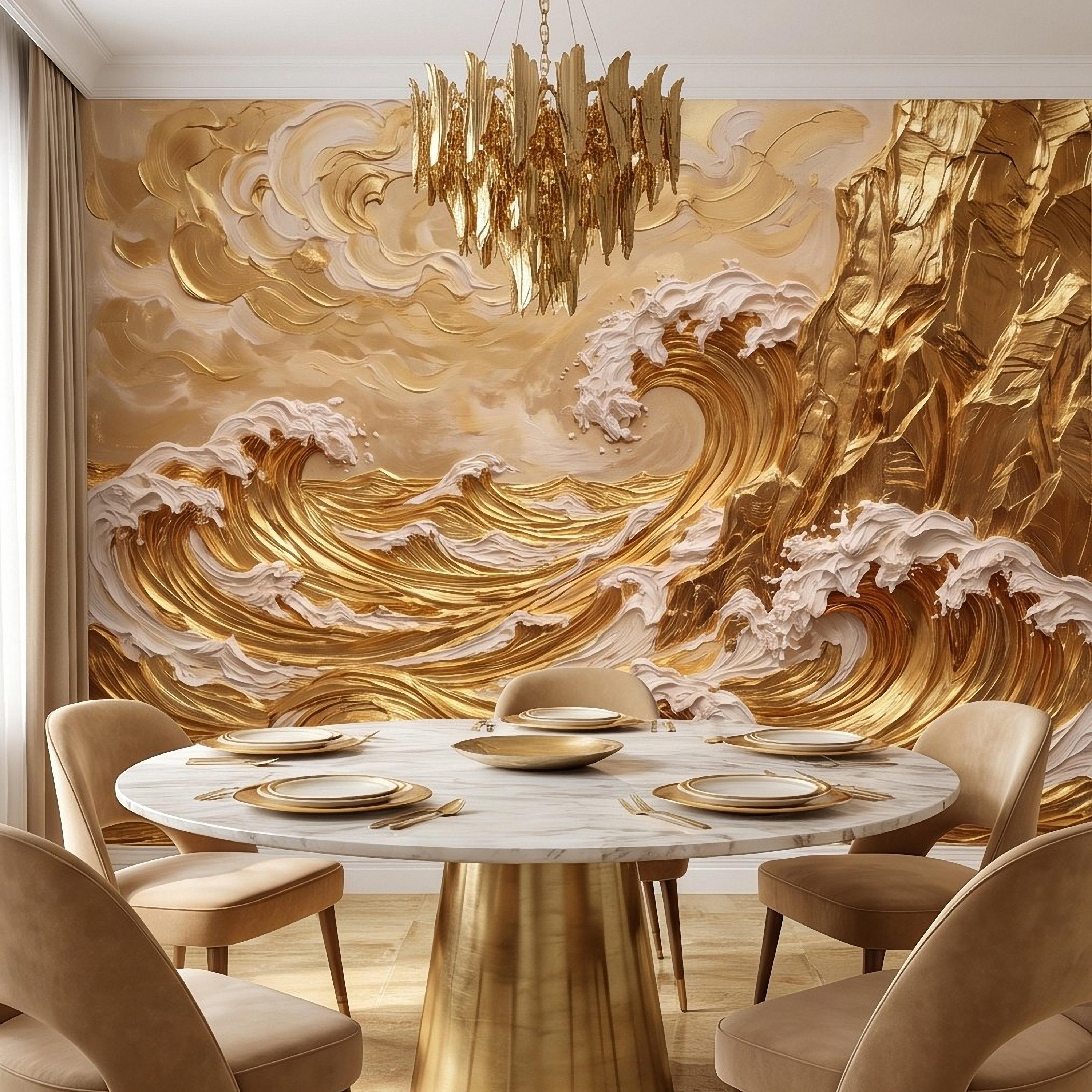 Great Wave Inspired Peel and Stick Wall Mural, Golden Ocean Waves Coastal Cliffs Luxury Seascape Wallpaper