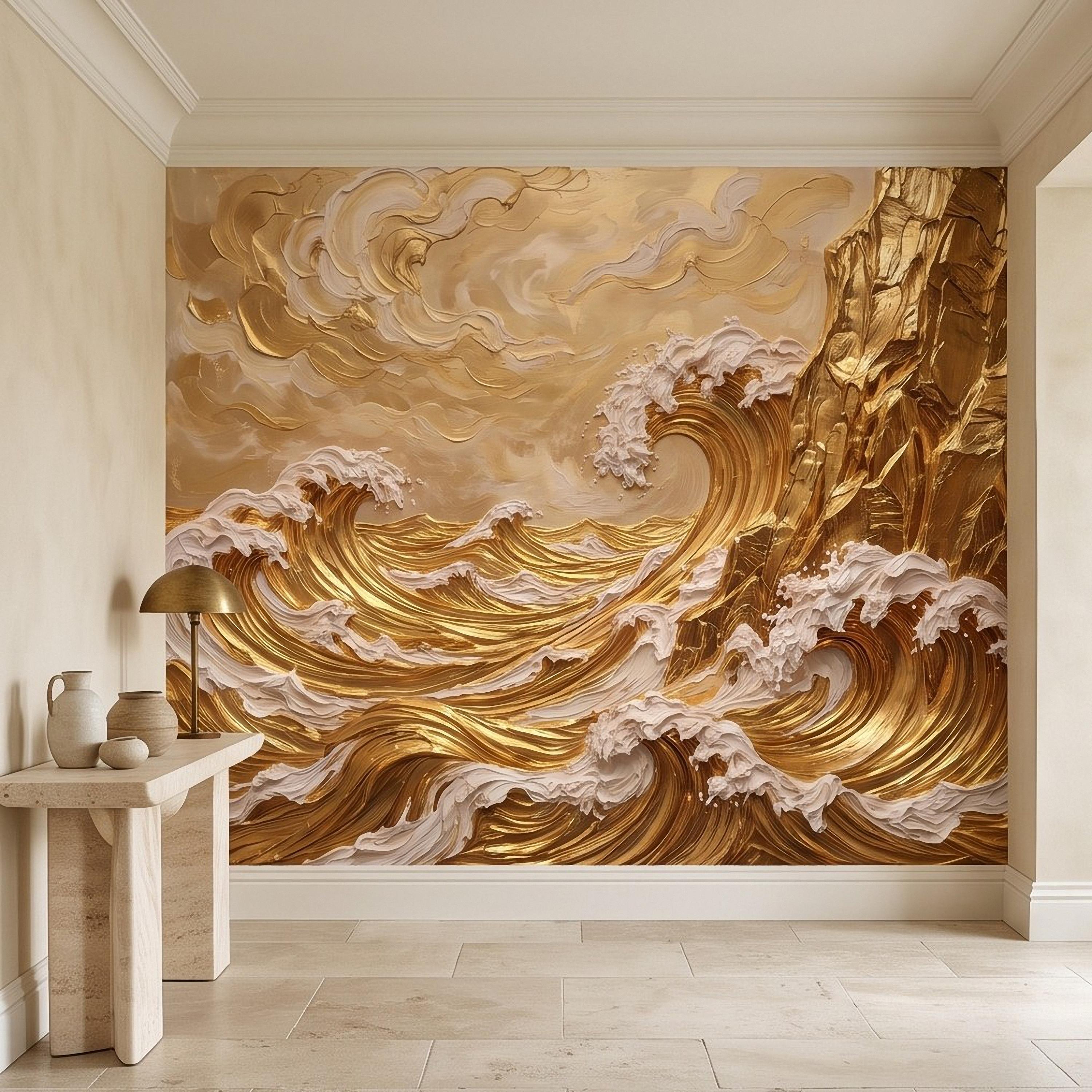 Great Wave Inspired Peel and Stick Wall Mural, Golden Ocean Waves Coastal Cliffs Luxury Seascape Wallpaper