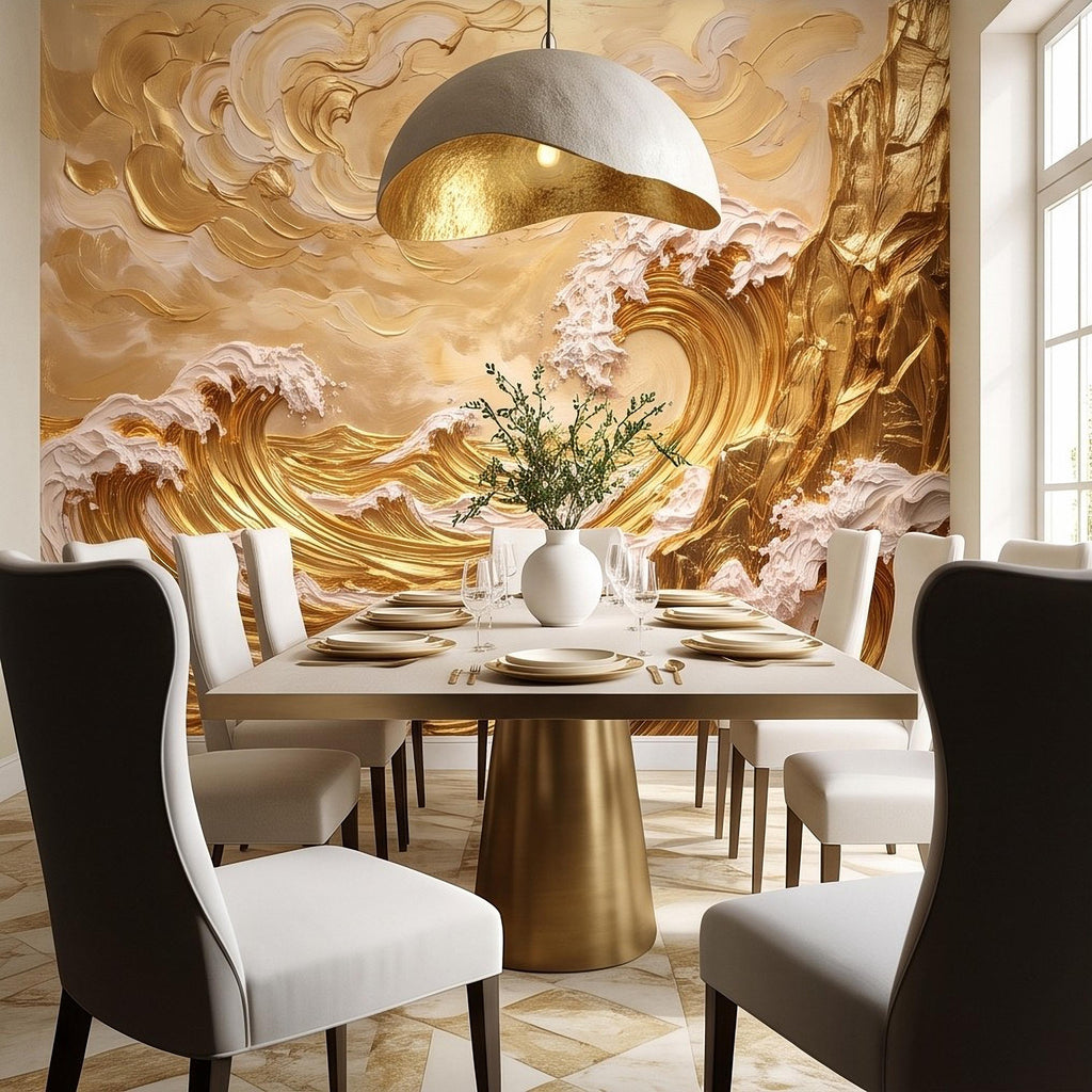 Great Wave Inspired Peel and Stick Wall Mural, Golden Ocean Waves Coastal Cliffs Luxury Seascape Wallpaper