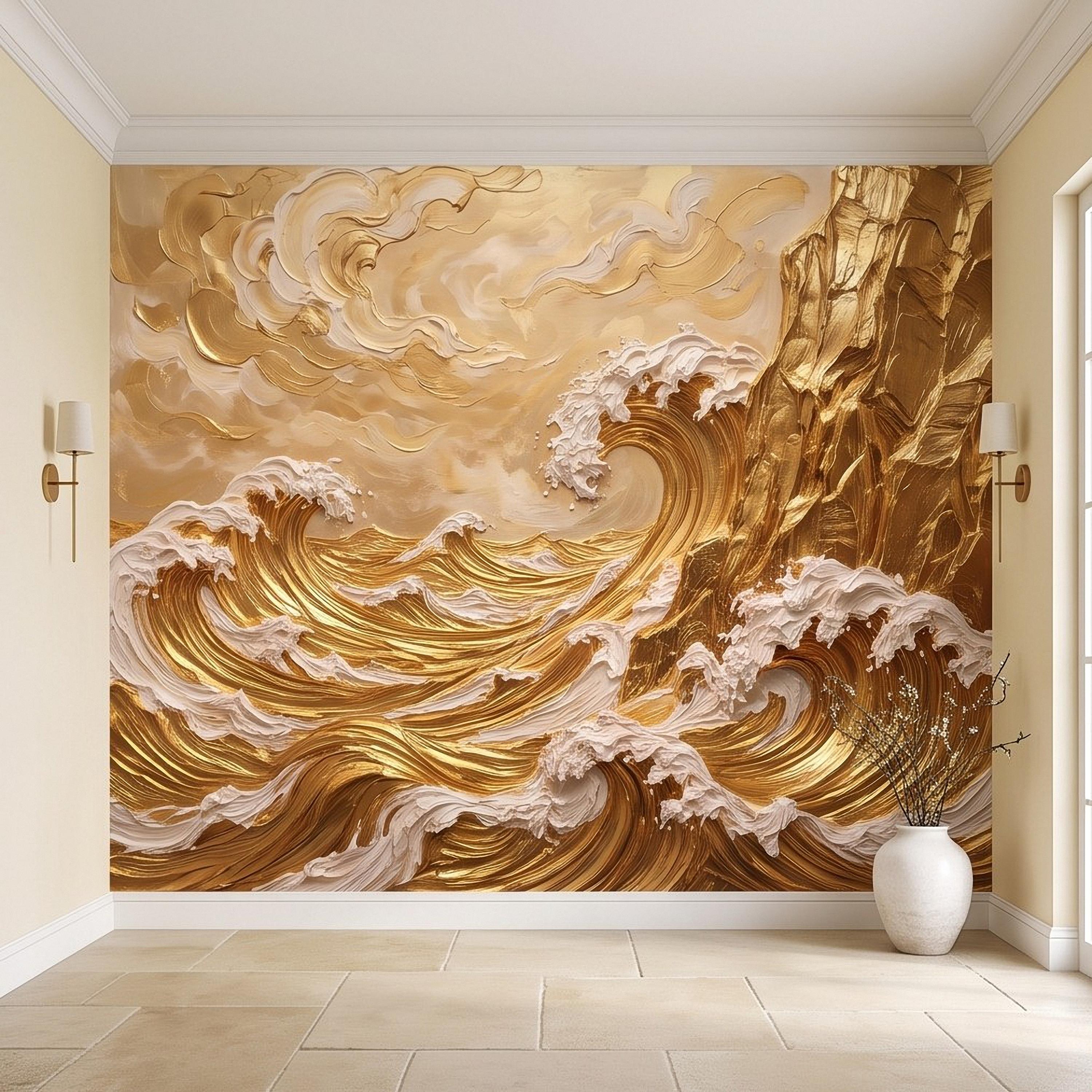 Great Wave Inspired Peel and Stick Wall Mural, Golden Ocean Waves Coastal Cliffs Luxury Seascape Wallpaper