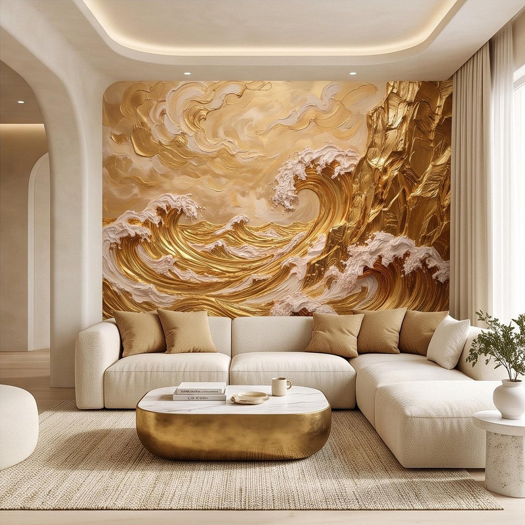 Great Wave Inspired Peel and Stick Wall Mural, Golden Ocean Waves Coastal Cliffs Luxury Seascape Wallpaper