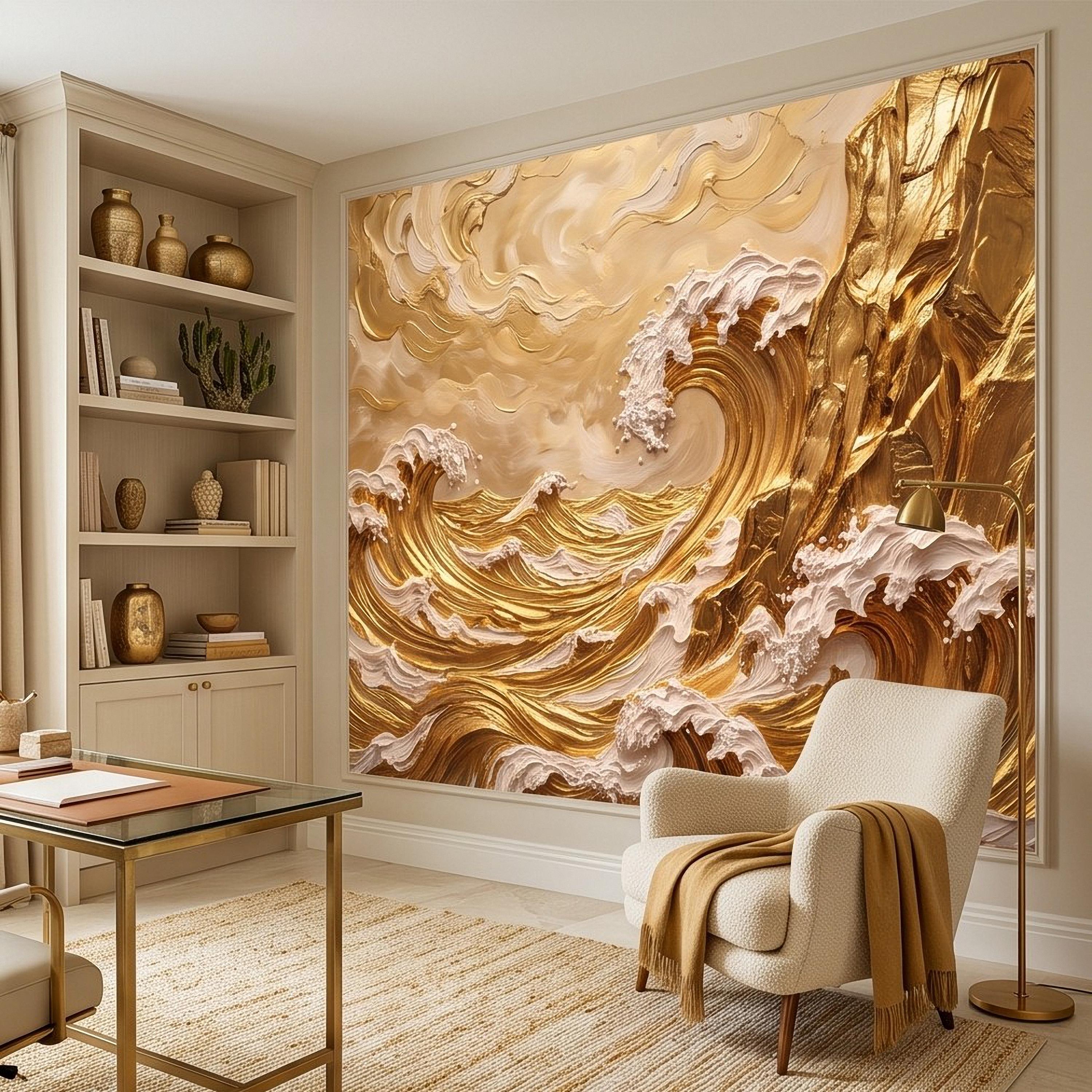Great Wave Inspired Peel and Stick Wall Mural, Golden Ocean Waves Coastal Cliffs Luxury Seascape Wallpaper