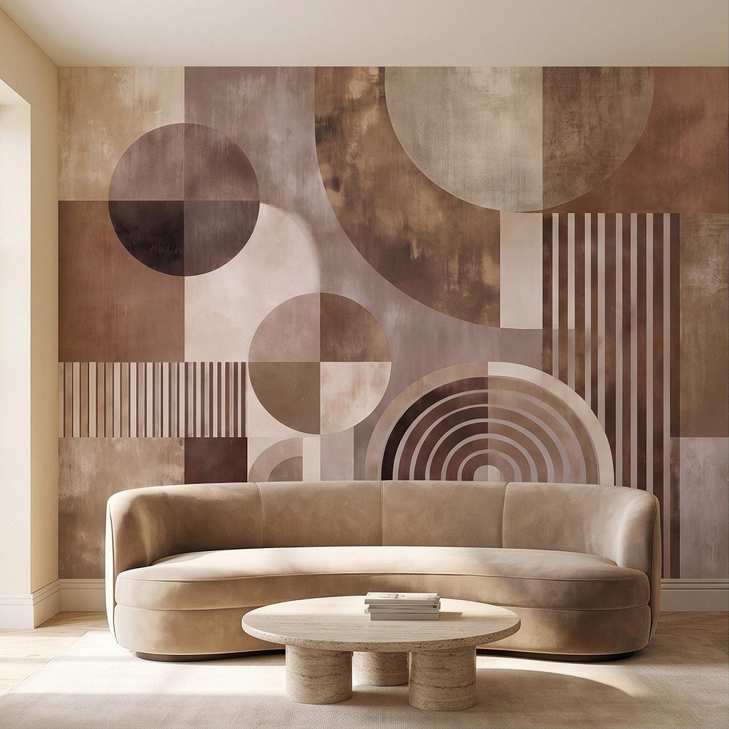 Abstract Geometric Peel and Stick Wall Mural, Neutral Brown Arches Circles Modern Mid Century Texture Wallpaper