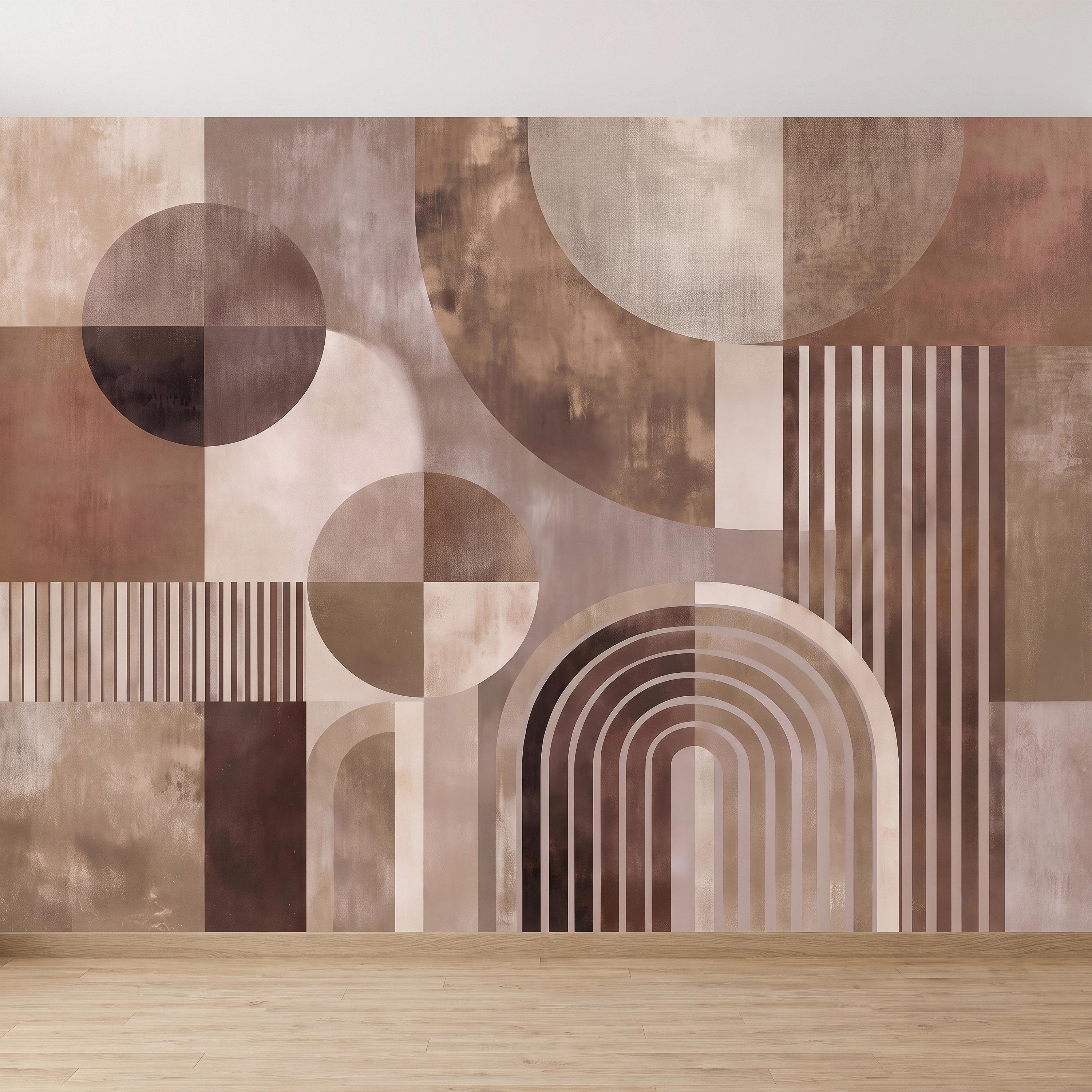 Abstract Geometric Peel and Stick Wall Mural, Neutral Brown Arches Circles Modern Mid Century Texture Wallpaper