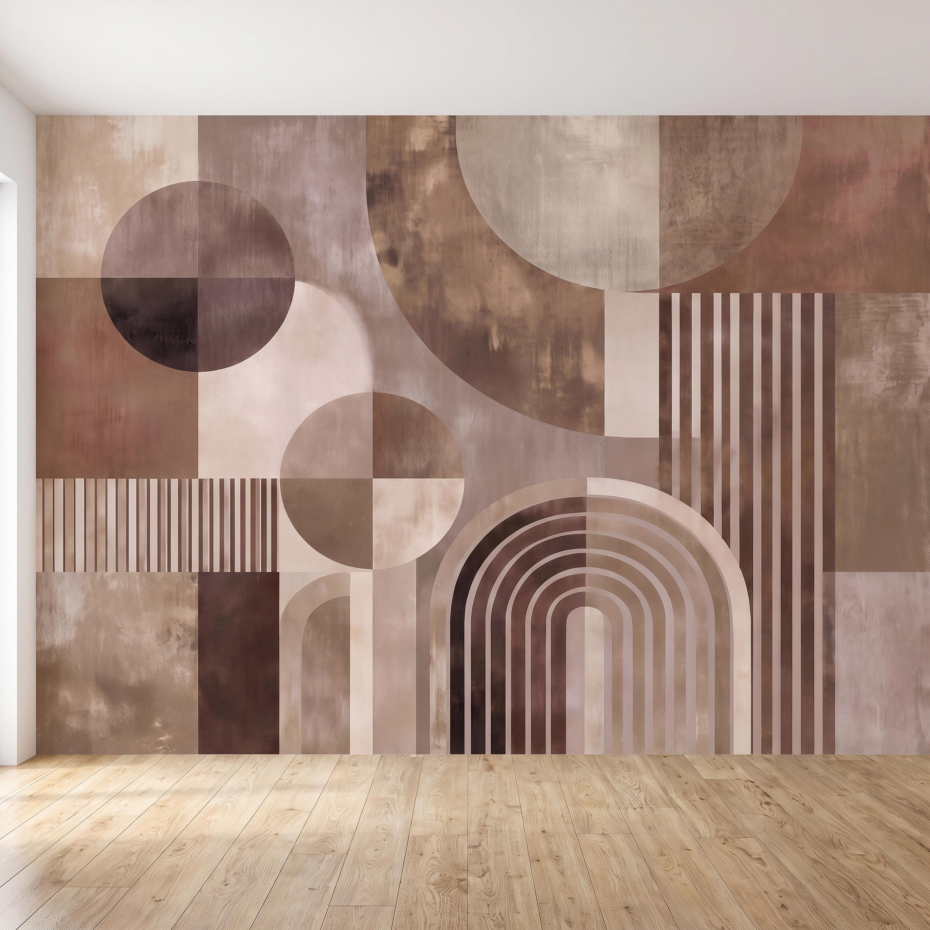 Abstract Geometric Peel and Stick Wall Mural, Neutral Brown Arches Circles Modern Mid Century Texture Wallpaper