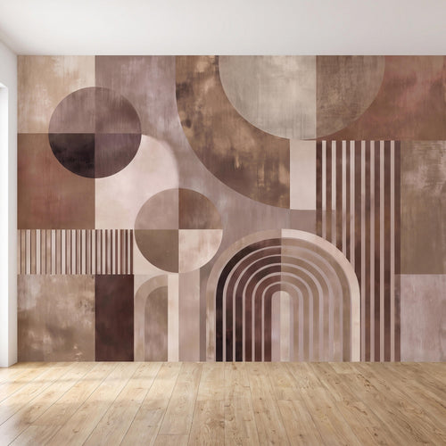 Abstract Geometric Peel and Stick Wall Mural, Neutral Brown Arches Circles Modern Mid Century Texture Wallpaper - The Fine Art Murals