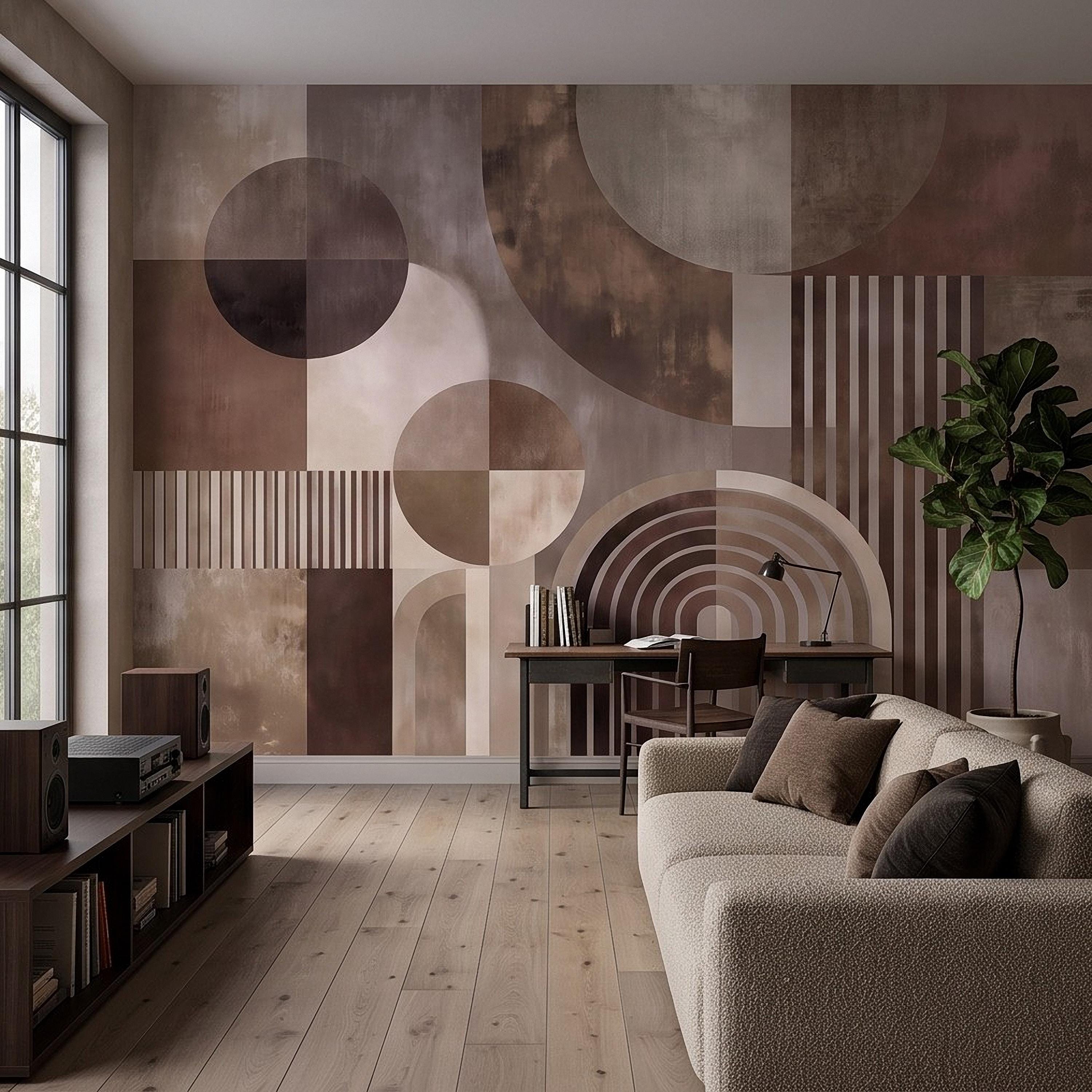 Abstract Geometric Peel and Stick Wall Mural, Neutral Brown Arches Circles Modern Mid Century Texture Wallpaper