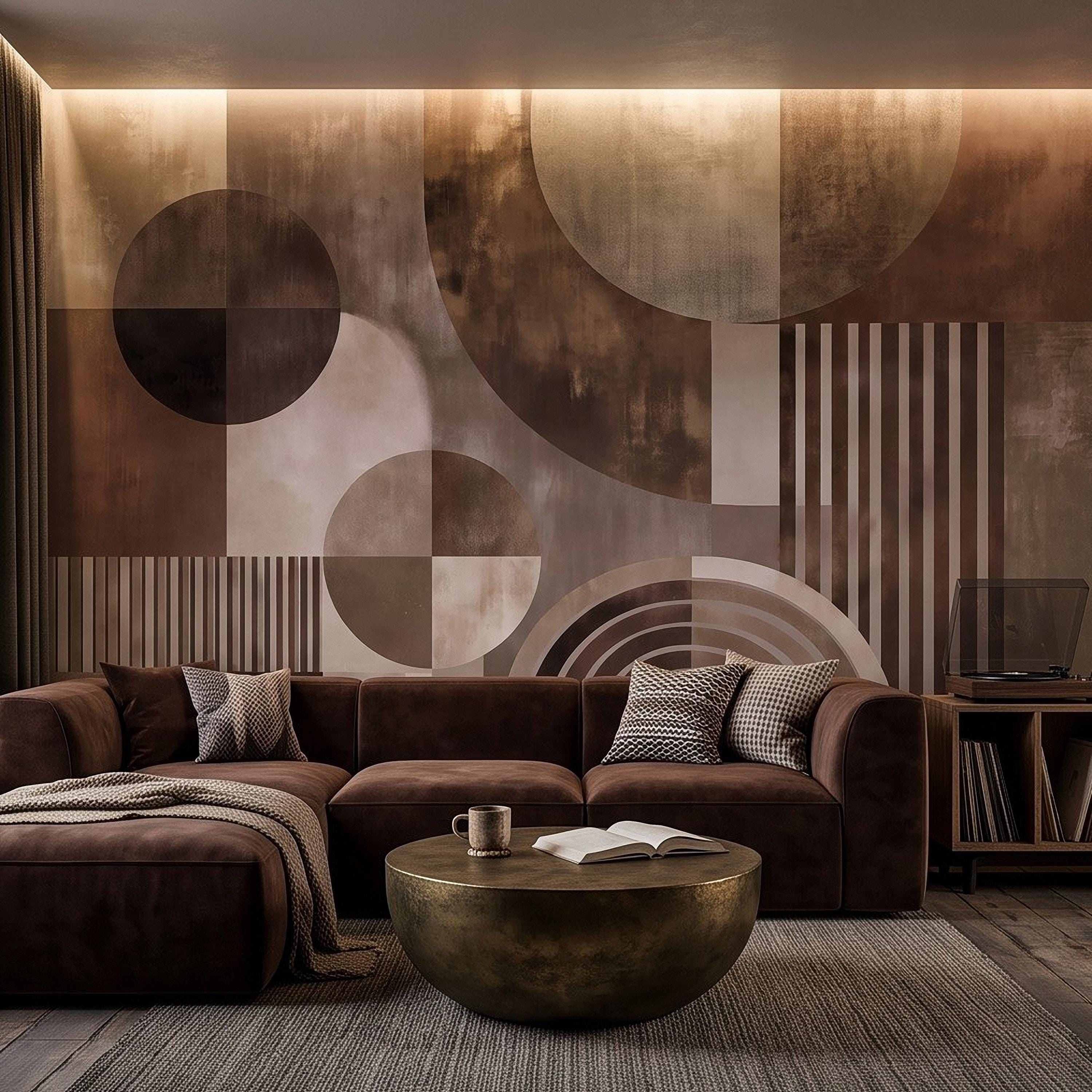 Abstract Geometric Peel and Stick Wall Mural, Neutral Brown Arches Circles Modern Mid Century Texture Wallpaper
