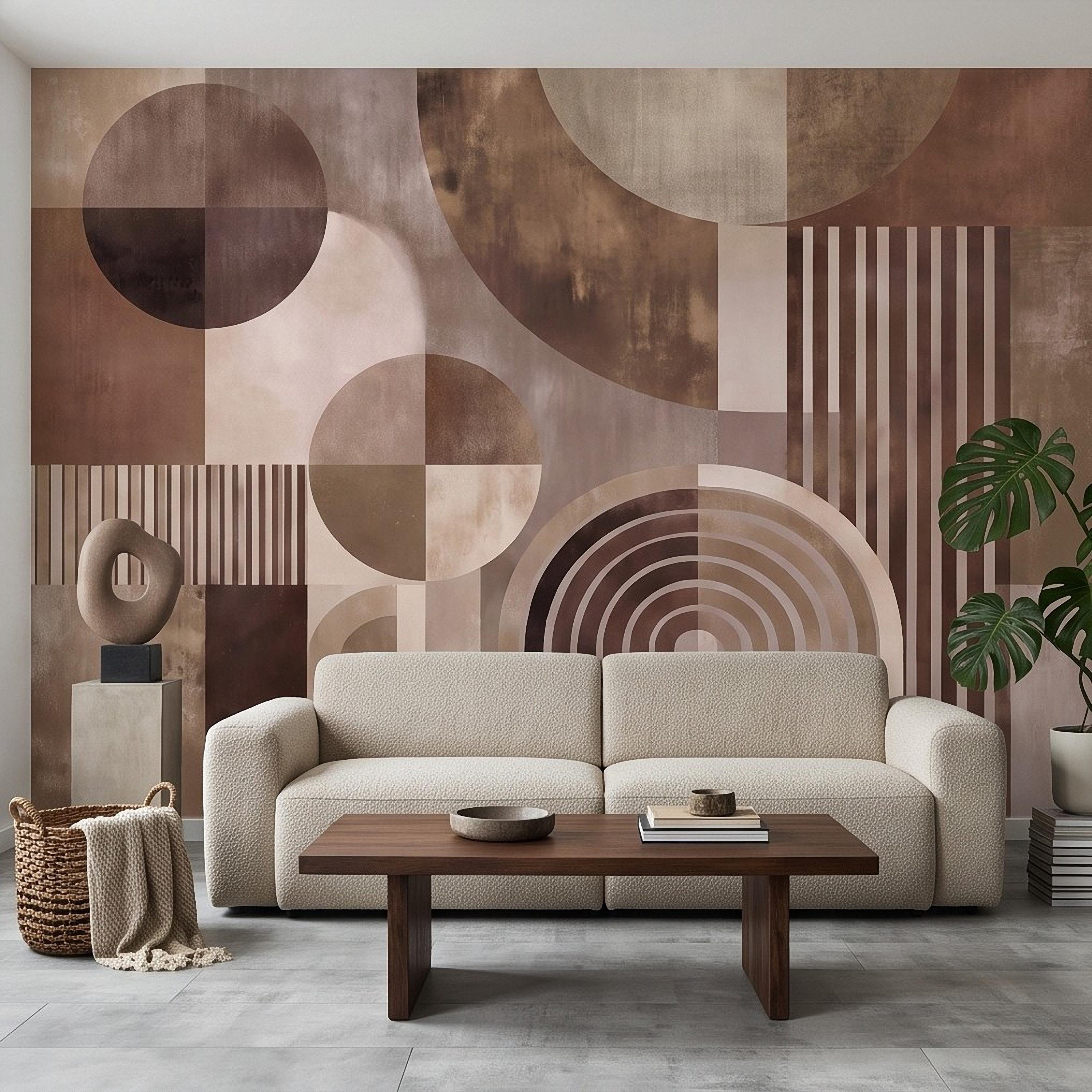 Abstract Geometric Peel and Stick Wall Mural, Neutral Brown Arches Circles Modern Mid Century Texture Wallpaper