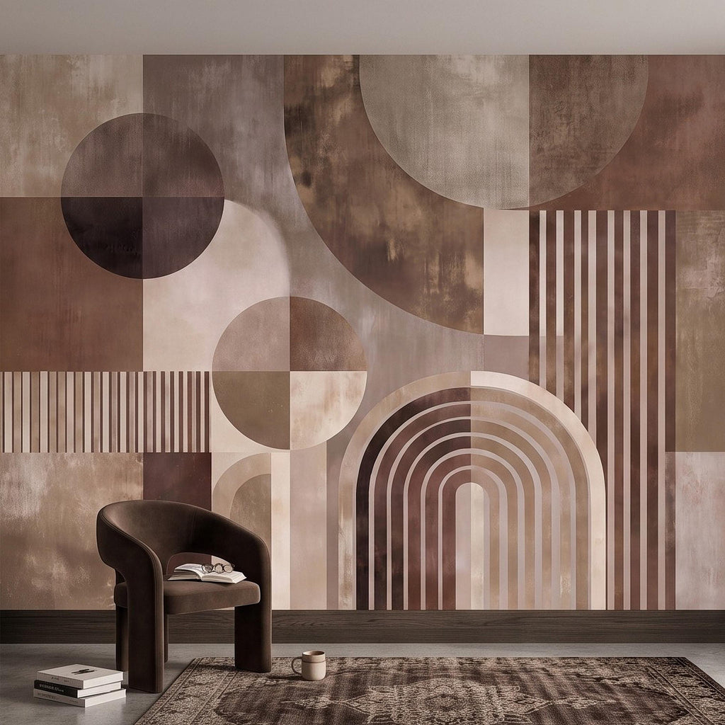 Abstract Geometric Peel and Stick Wall Mural, Neutral Brown Arches Circles Modern Mid Century Texture Wallpaper
