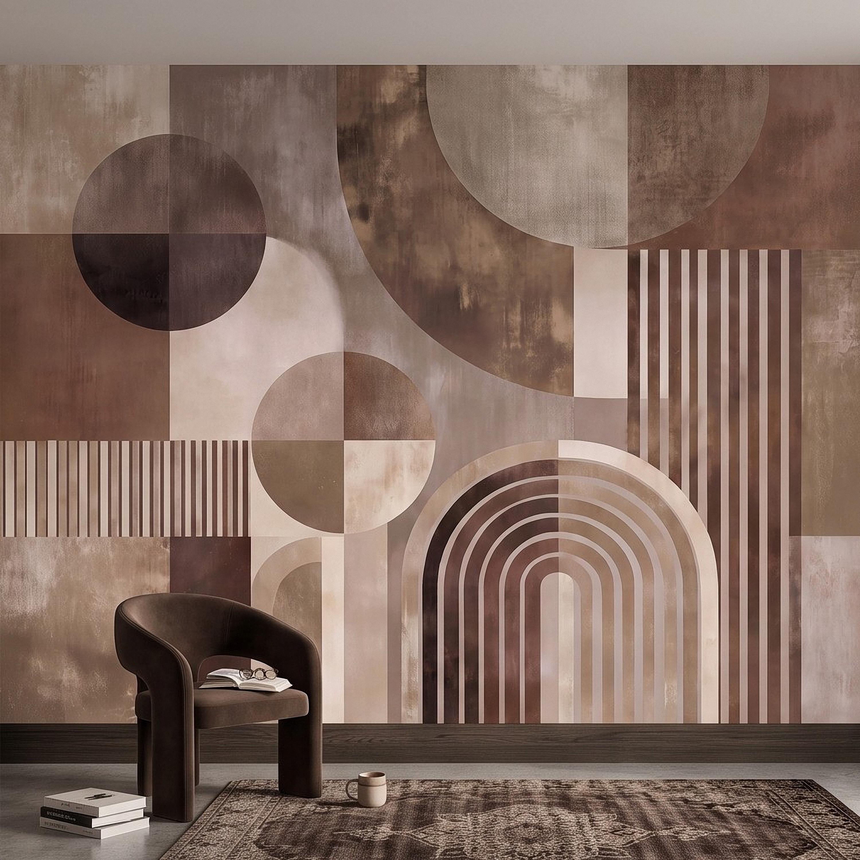 Abstract Geometric Peel and Stick Wall Mural, Neutral Brown Arches Circles Modern Mid Century Texture Wallpaper