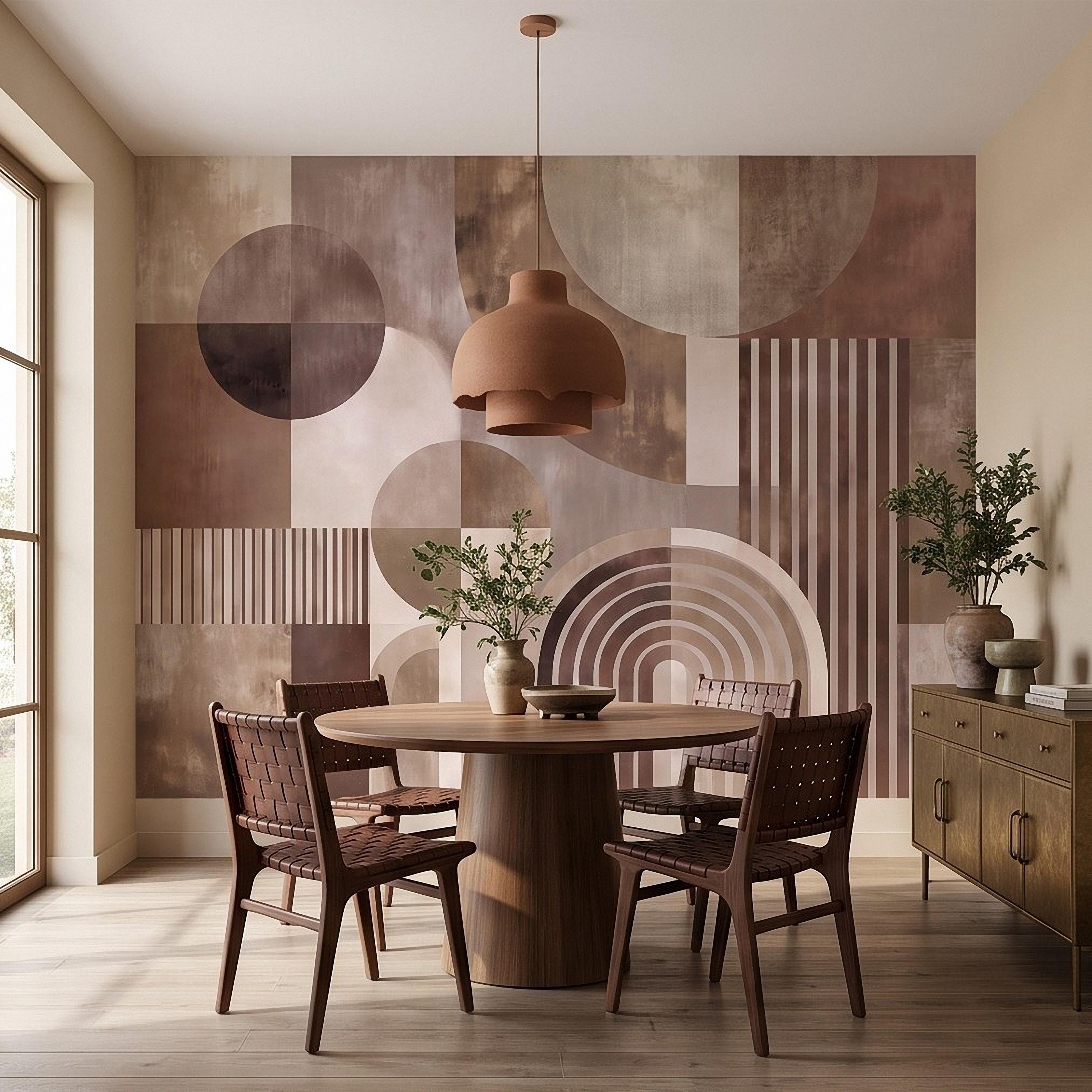Abstract Geometric Peel and Stick Wall Mural, Neutral Brown Arches Circles Modern Mid Century Texture Wallpaper