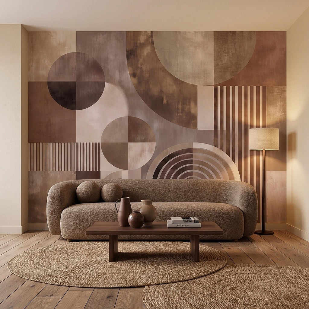 Abstract Geometric Peel and Stick Wall Mural, Neutral Brown Arches Circles Modern Mid Century Texture Wallpaper