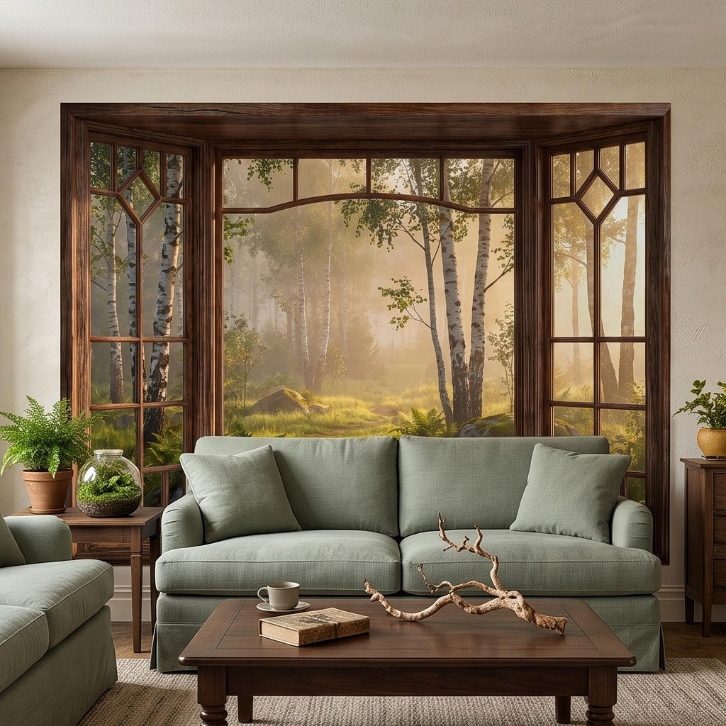 Wood Framed Window Peel and Stick Wall Mural, Birch Forest Sunrise Trompe L'Oeil Woodland Landscape Wallpaper