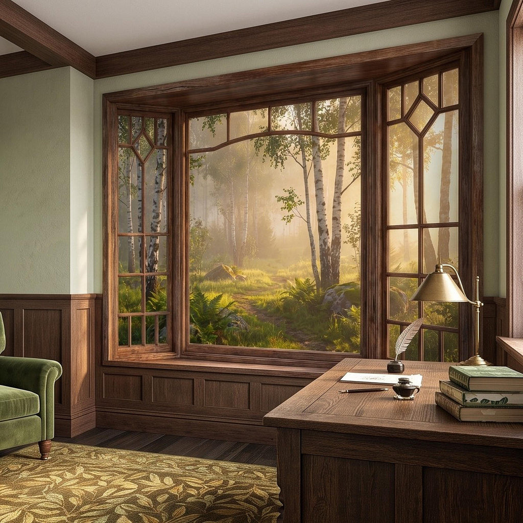 Wood Framed Window Peel and Stick Wall Mural, Birch Forest Sunrise Trompe L'Oeil Woodland Landscape Wallpaper