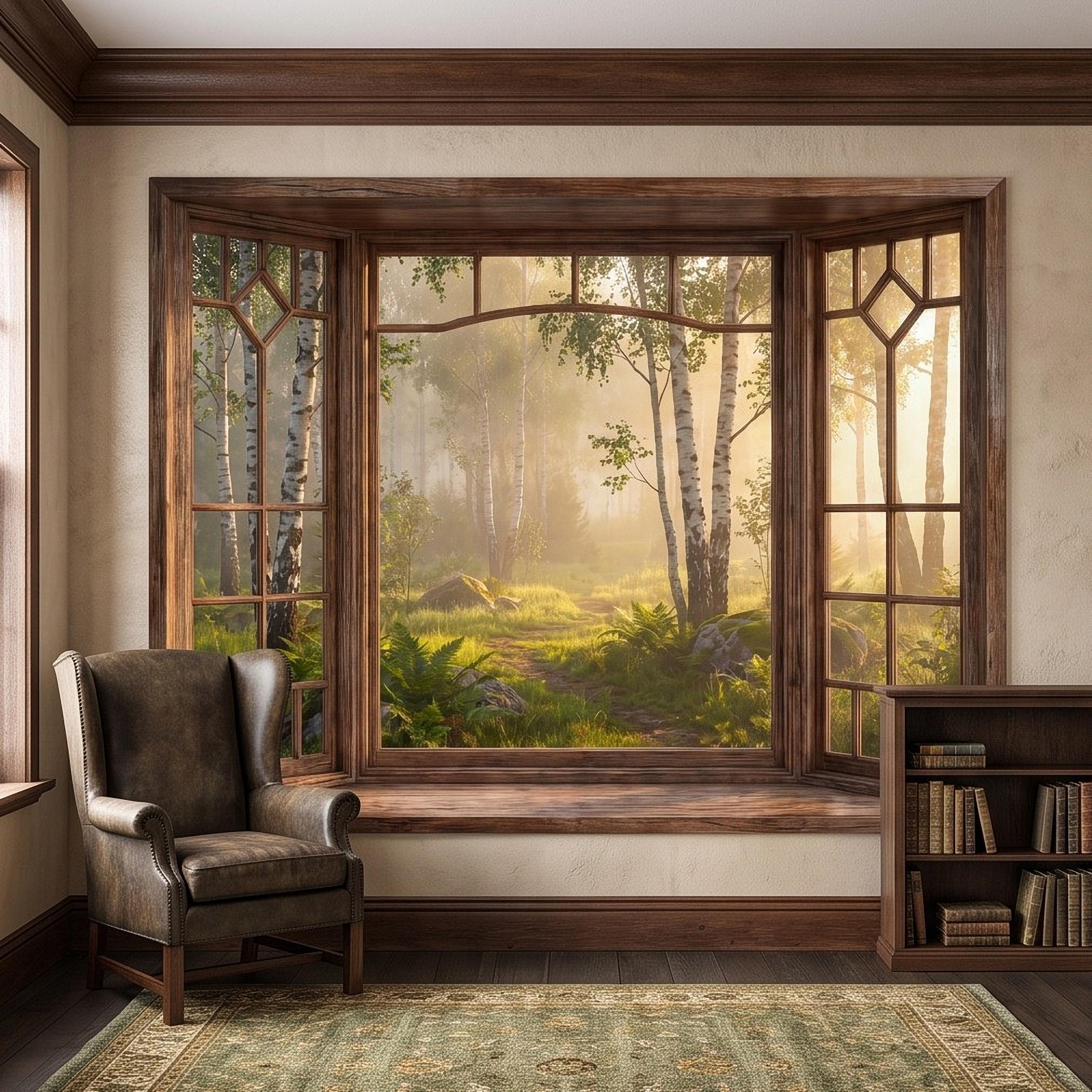 Wood Framed Window Peel and Stick Wall Mural, Birch Forest Sunrise Trompe L'Oeil Woodland Landscape Wallpaper