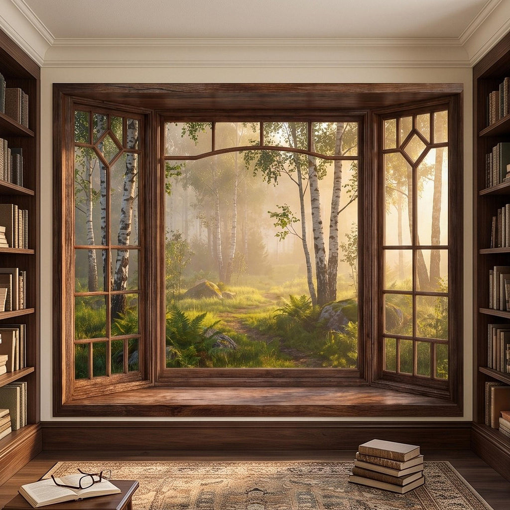 Wood Framed Window Peel and Stick Wall Mural, Birch Forest Sunrise Trompe L'Oeil Woodland Landscape Wallpaper