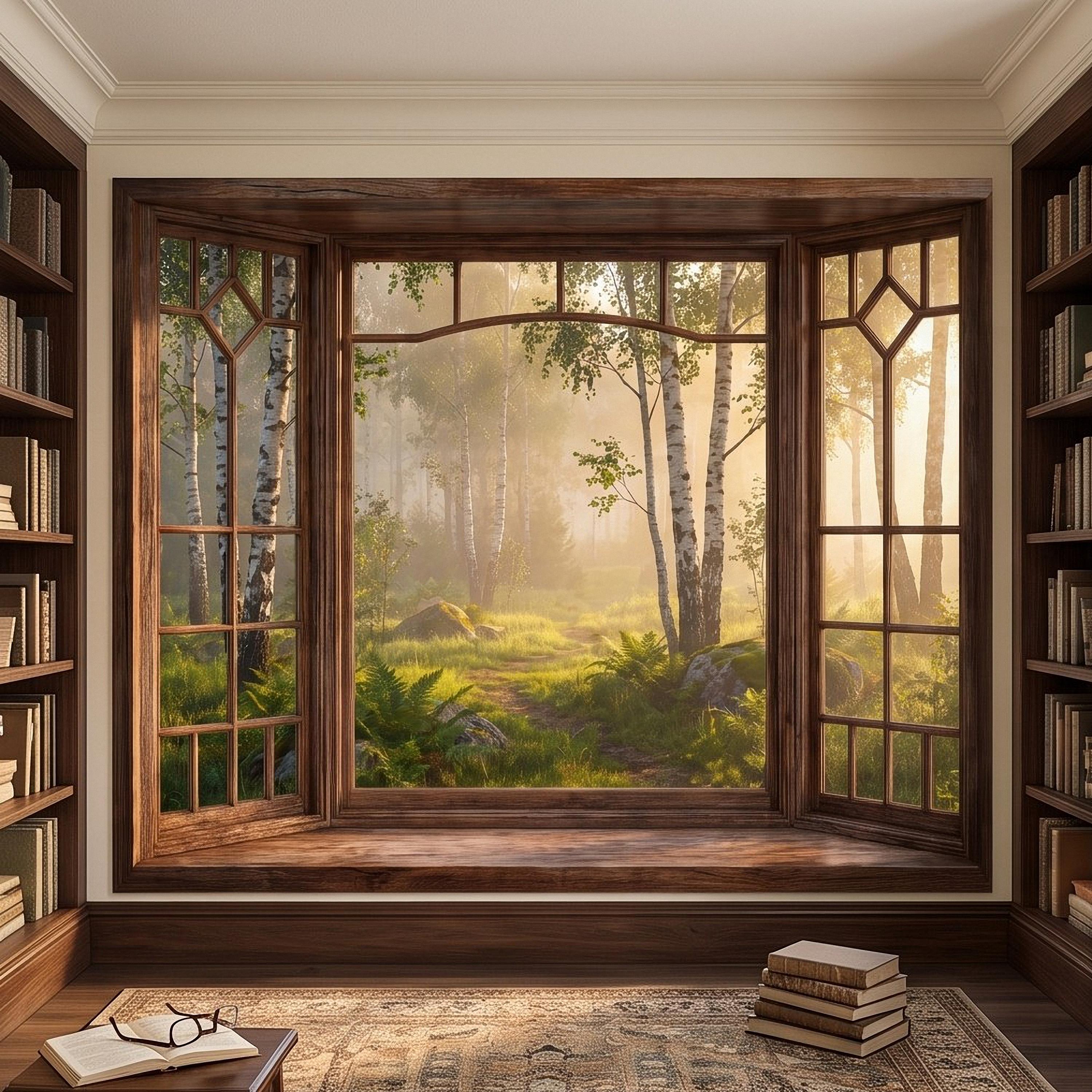Wood Framed Window Peel and Stick Wall Mural, Birch Forest Sunrise Trompe L'Oeil Woodland Landscape Wallpaper