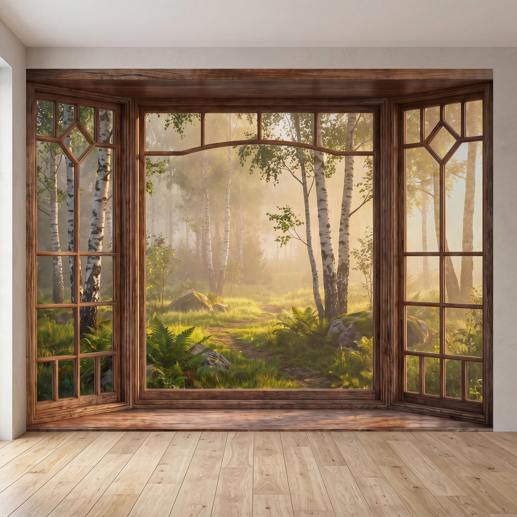 Wood Framed Window Peel and Stick Wall Mural, Birch Forest Sunrise Trompe L'Oeil Woodland Landscape Wallpaper