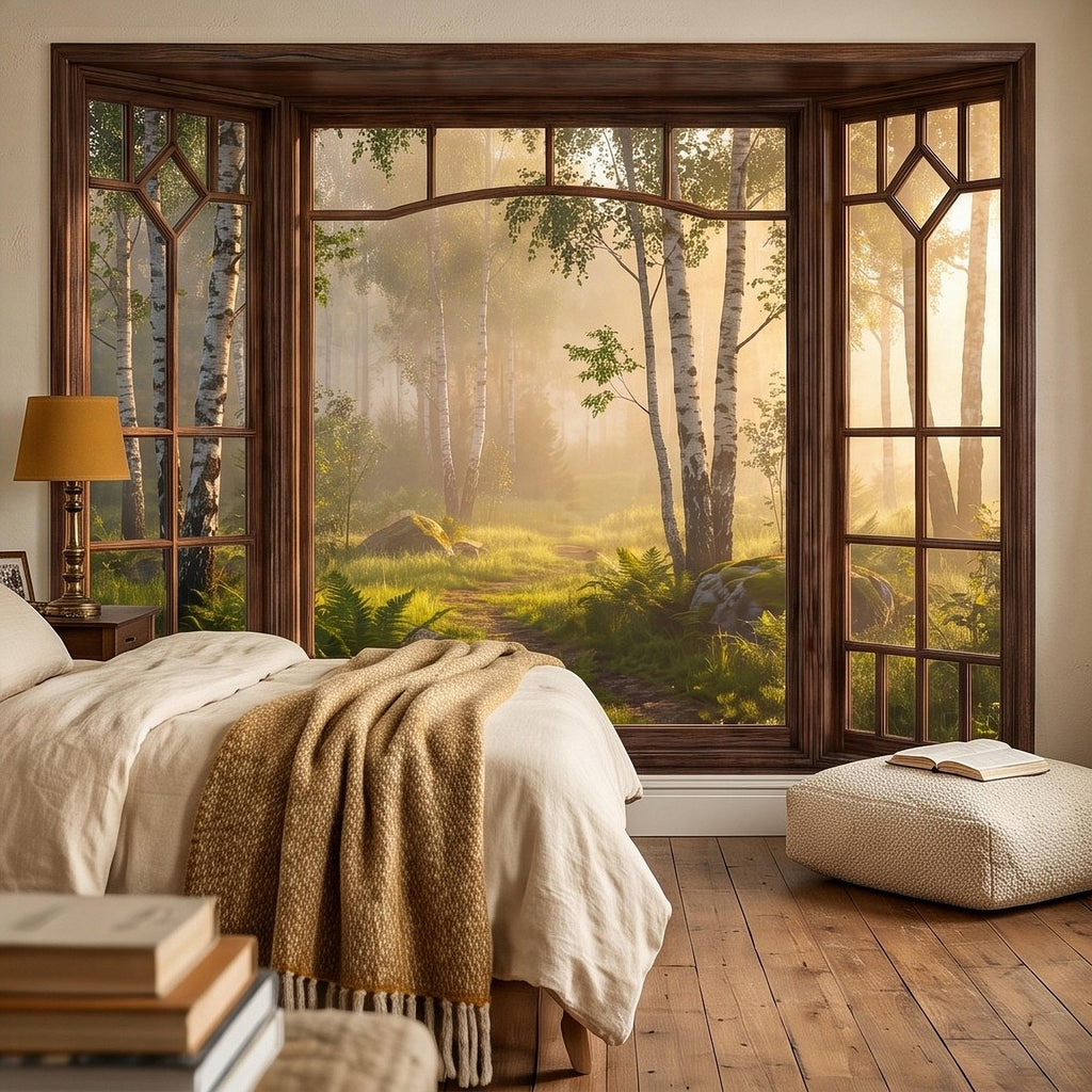 Wood Framed Window Peel and Stick Wall Mural, Birch Forest Sunrise Trompe L'Oeil Woodland Landscape Wallpaper