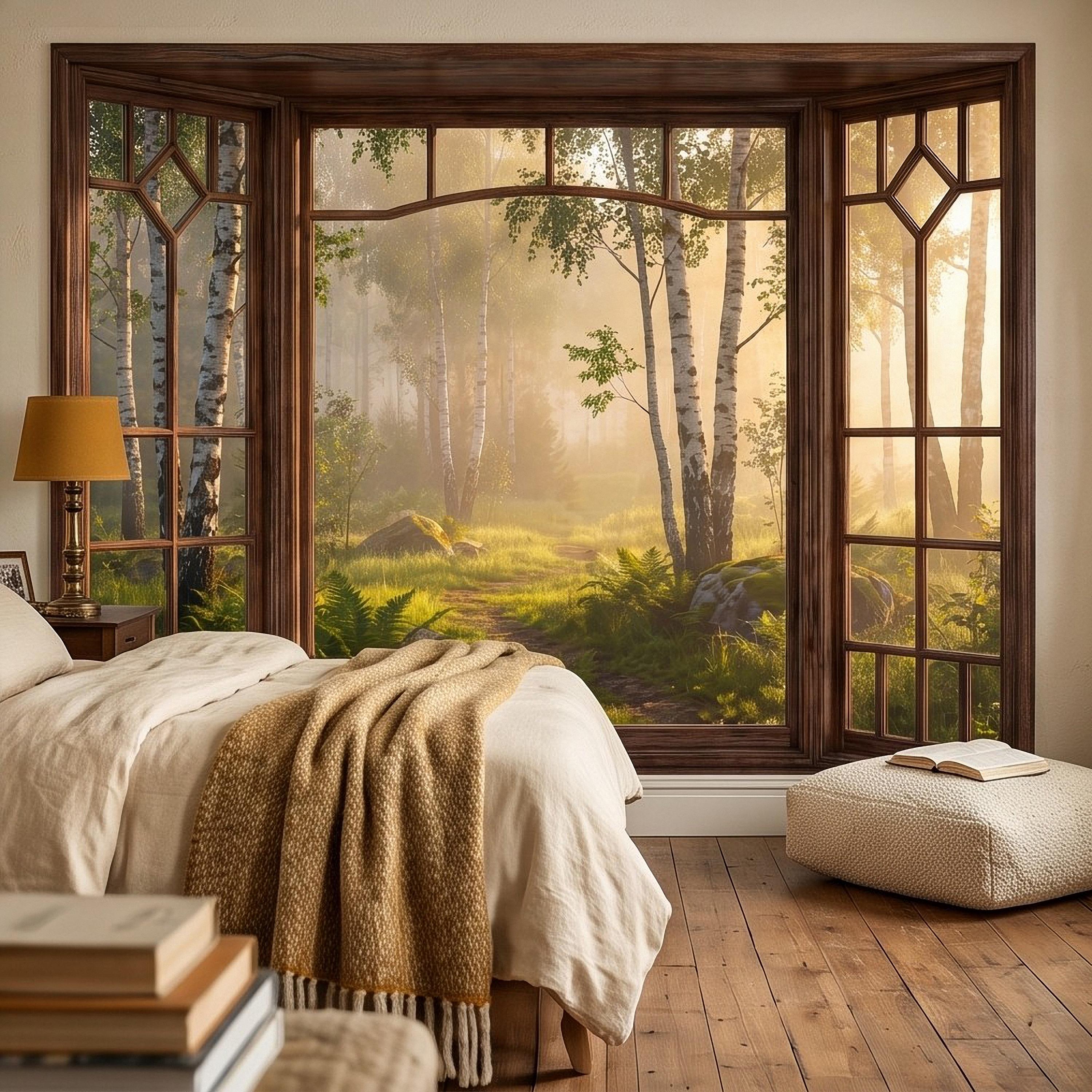 Wood Framed Window Peel and Stick Wall Mural, Birch Forest Sunrise Trompe L'Oeil Woodland Landscape Wallpaper