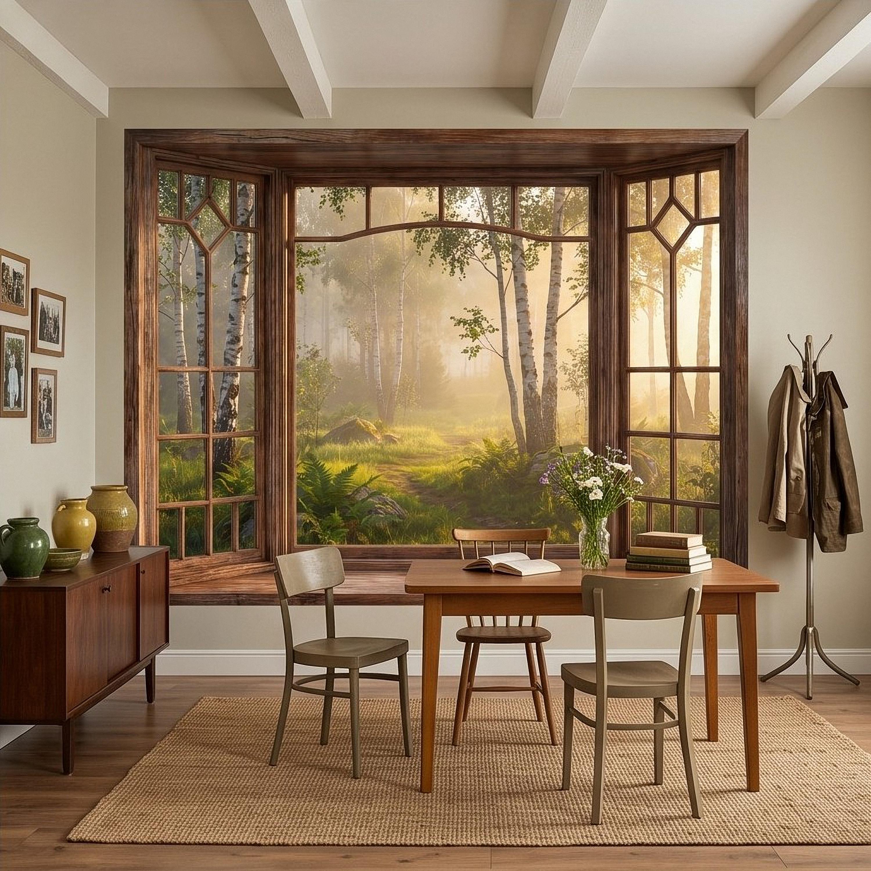 Wood Framed Window Peel and Stick Wall Mural, Birch Forest Sunrise Trompe L'Oeil Woodland Landscape Wallpaper