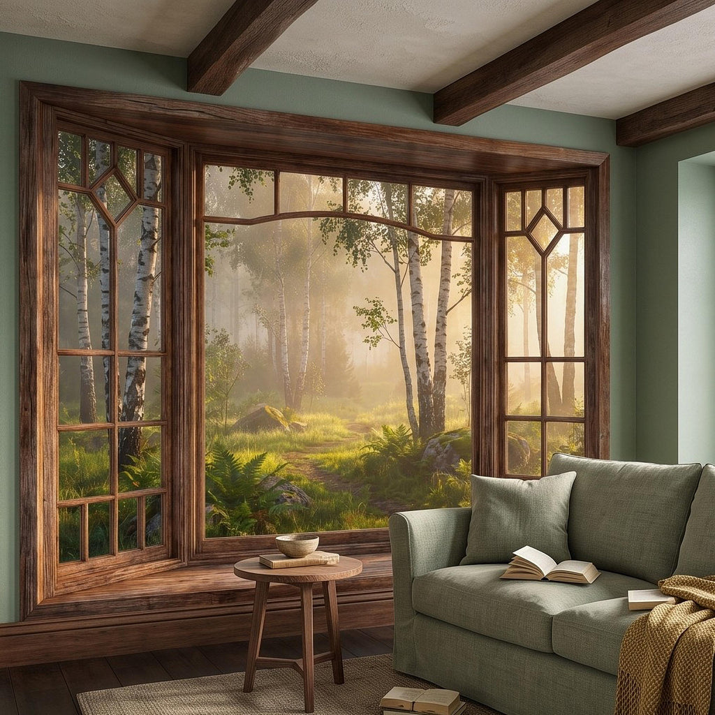 Wood Framed Window Peel and Stick Wall Mural, Birch Forest Sunrise Trompe L'Oeil Woodland Landscape Wallpaper