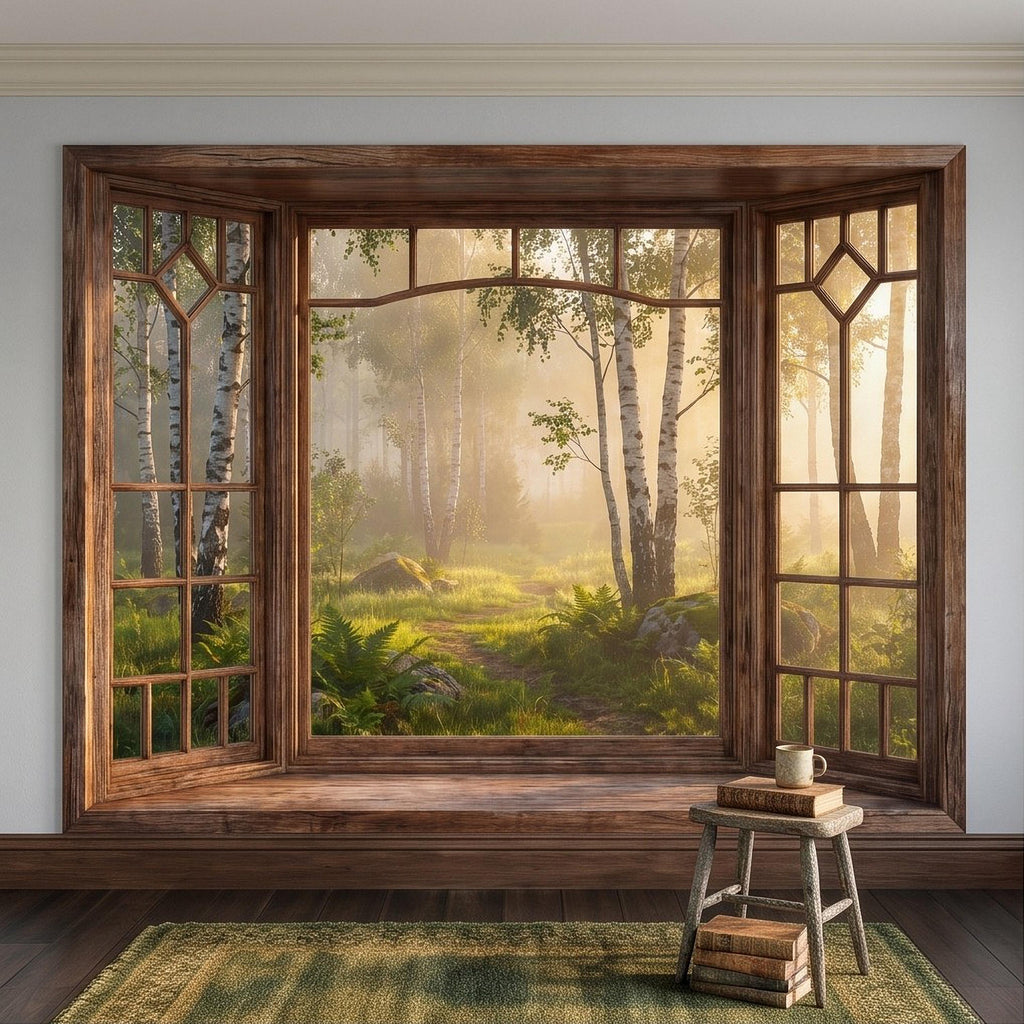Wood Framed Window Peel and Stick Wall Mural, Birch Forest Sunrise Trompe L'Oeil Woodland Landscape Wallpaper