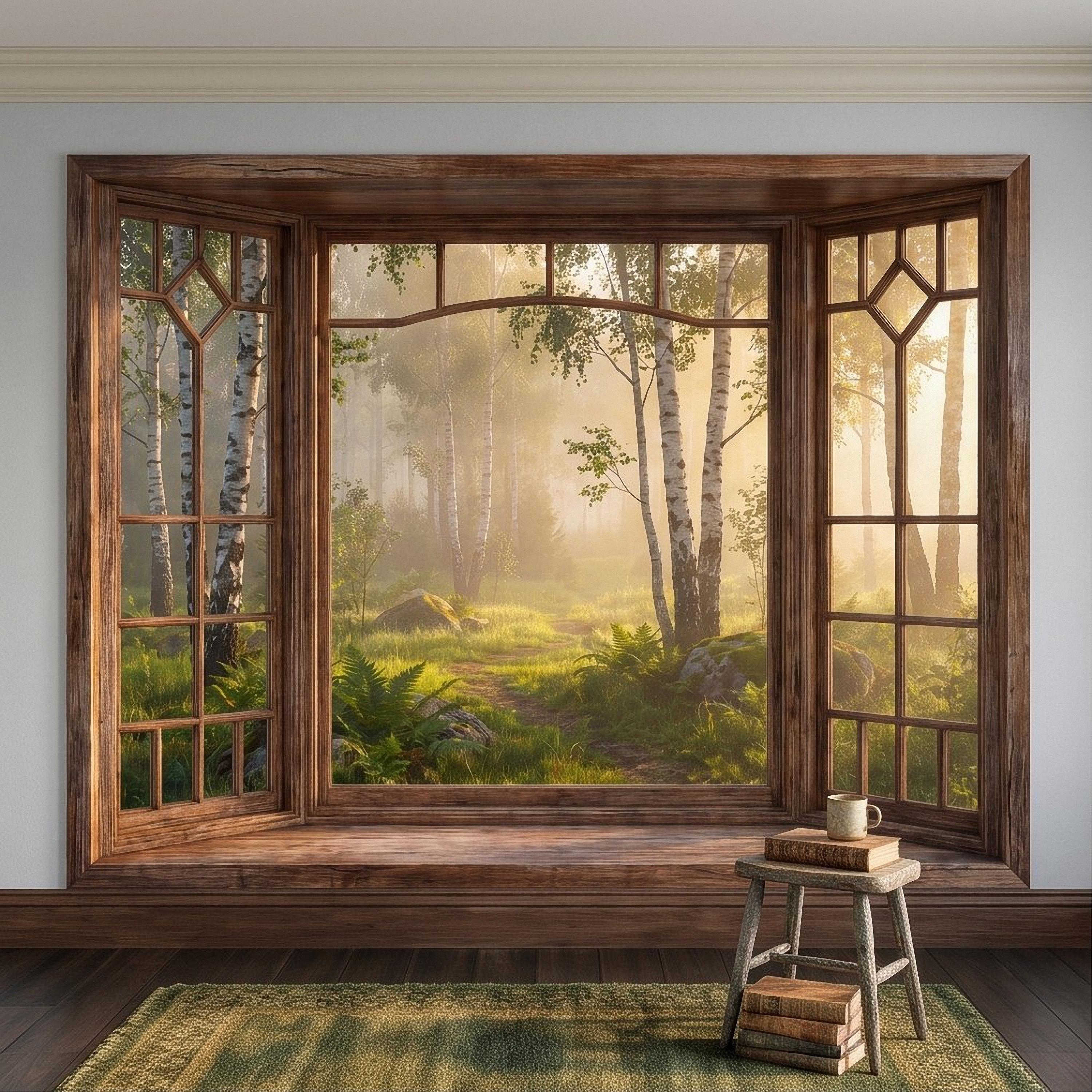Wood Framed Window Peel and Stick Wall Mural, Birch Forest Sunrise Trompe L'Oeil Woodland Landscape Wallpaper