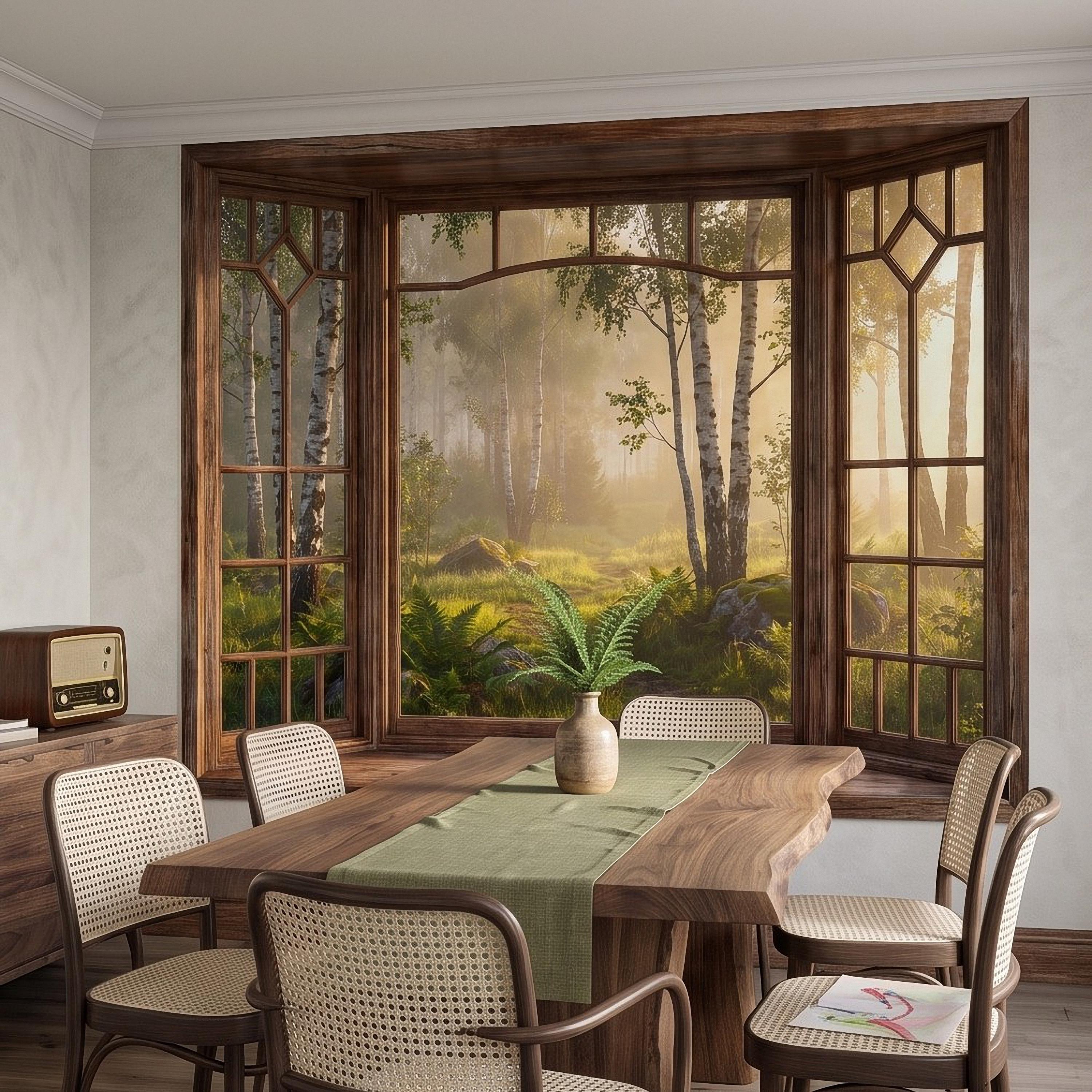 Wood Framed Window Peel and Stick Wall Mural, Birch Forest Sunrise Trompe L'Oeil Woodland Landscape Wallpaper