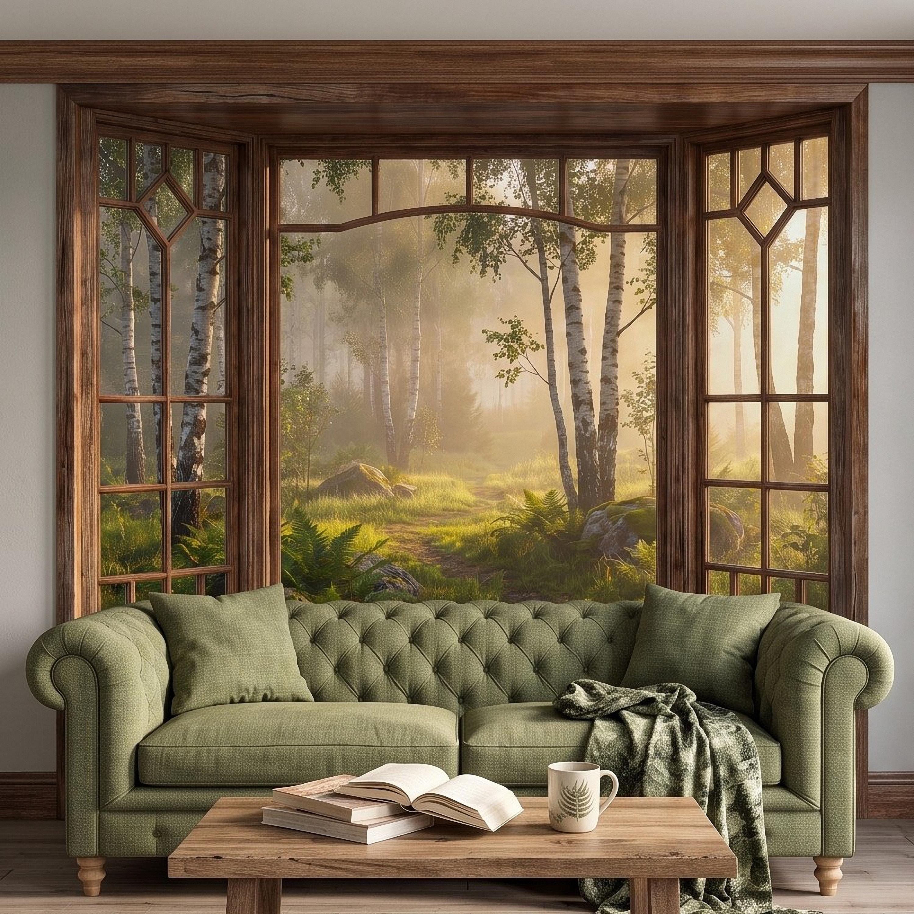 Wood Framed Window Peel and Stick Wall Mural, Birch Forest Sunrise Trompe L'Oeil Woodland Landscape Wallpaper