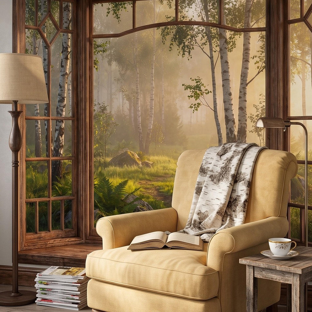 Wood Framed Window Peel and Stick Wall Mural, Birch Forest Sunrise Trompe L'Oeil Woodland Landscape Wallpaper