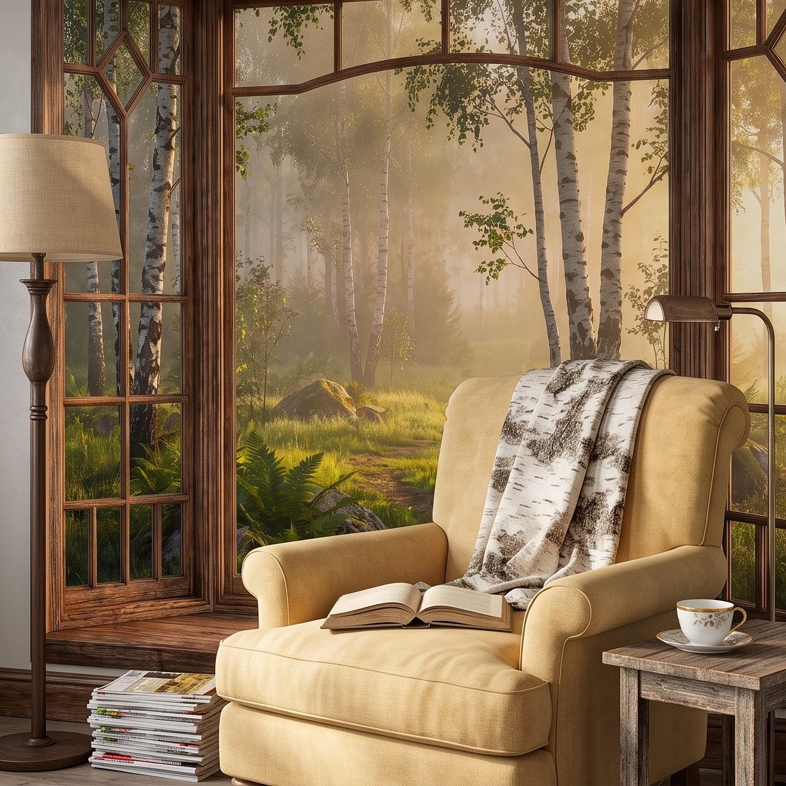 Wood Framed Window Peel and Stick Wall Mural, Birch Forest Sunrise Trompe L'Oeil Woodland Landscape Wallpaper