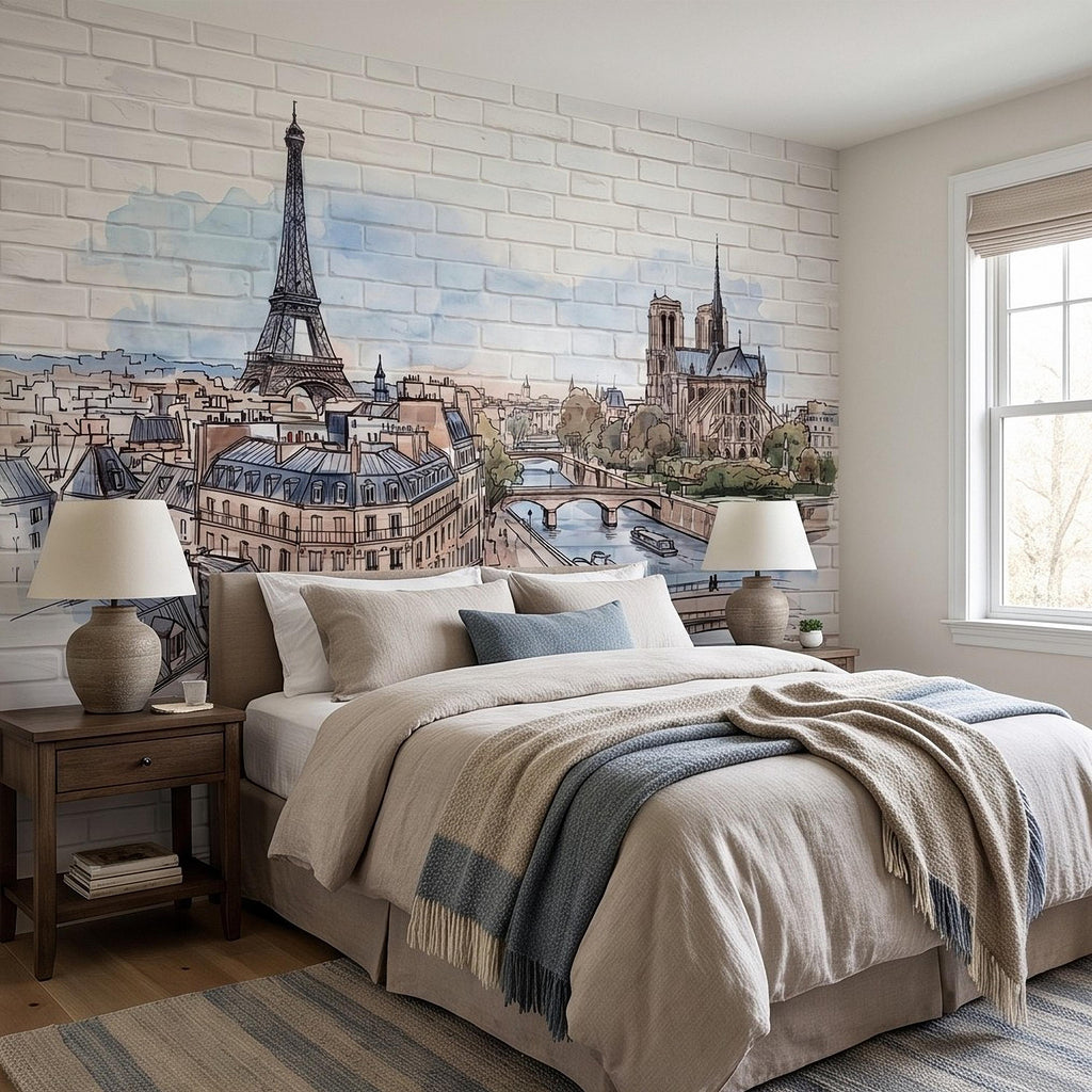 Paris Cityscape Peel and Stick Wall Mural, Eiffel Tower Notre Dame Watercolor Sketch French Architecture Wallpaper