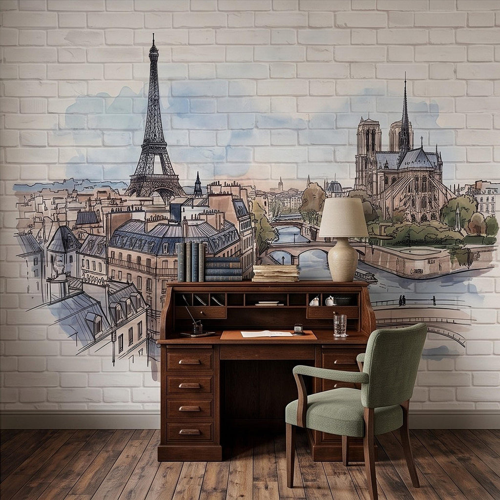 Paris Cityscape Peel and Stick Wall Mural, Eiffel Tower Notre Dame Watercolor Sketch French Architecture Wallpaper