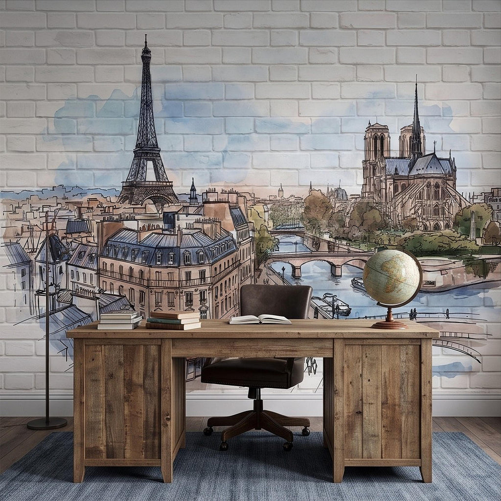 Paris Cityscape Peel and Stick Wall Mural, Eiffel Tower Notre Dame Watercolor Sketch French Architecture Wallpaper