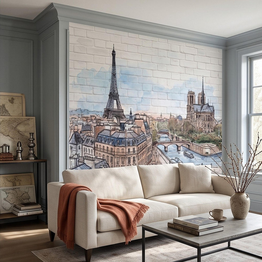 Paris Cityscape Peel and Stick Wall Mural, Eiffel Tower Notre Dame Watercolor Sketch French Architecture Wallpaper