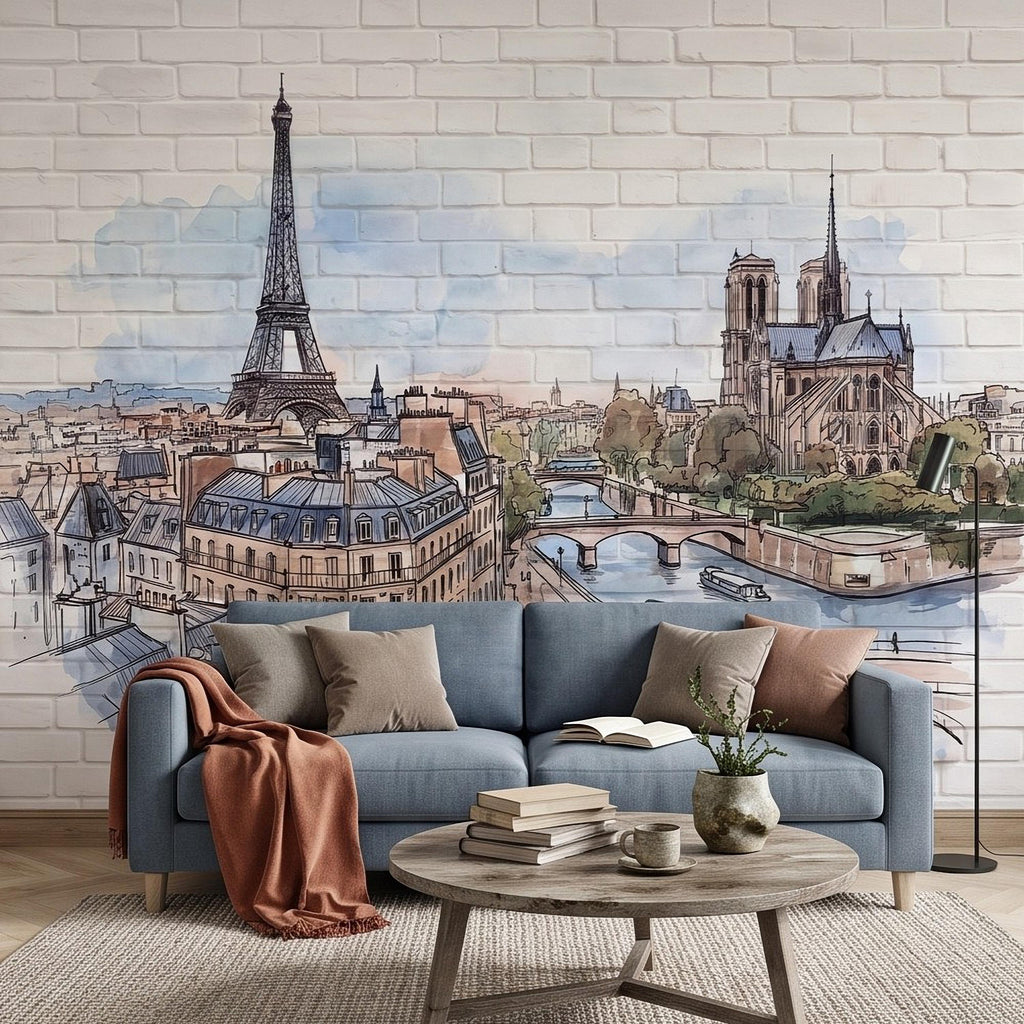 Paris Cityscape Peel and Stick Wall Mural, Eiffel Tower Notre Dame Watercolor Sketch French Architecture Wallpaper