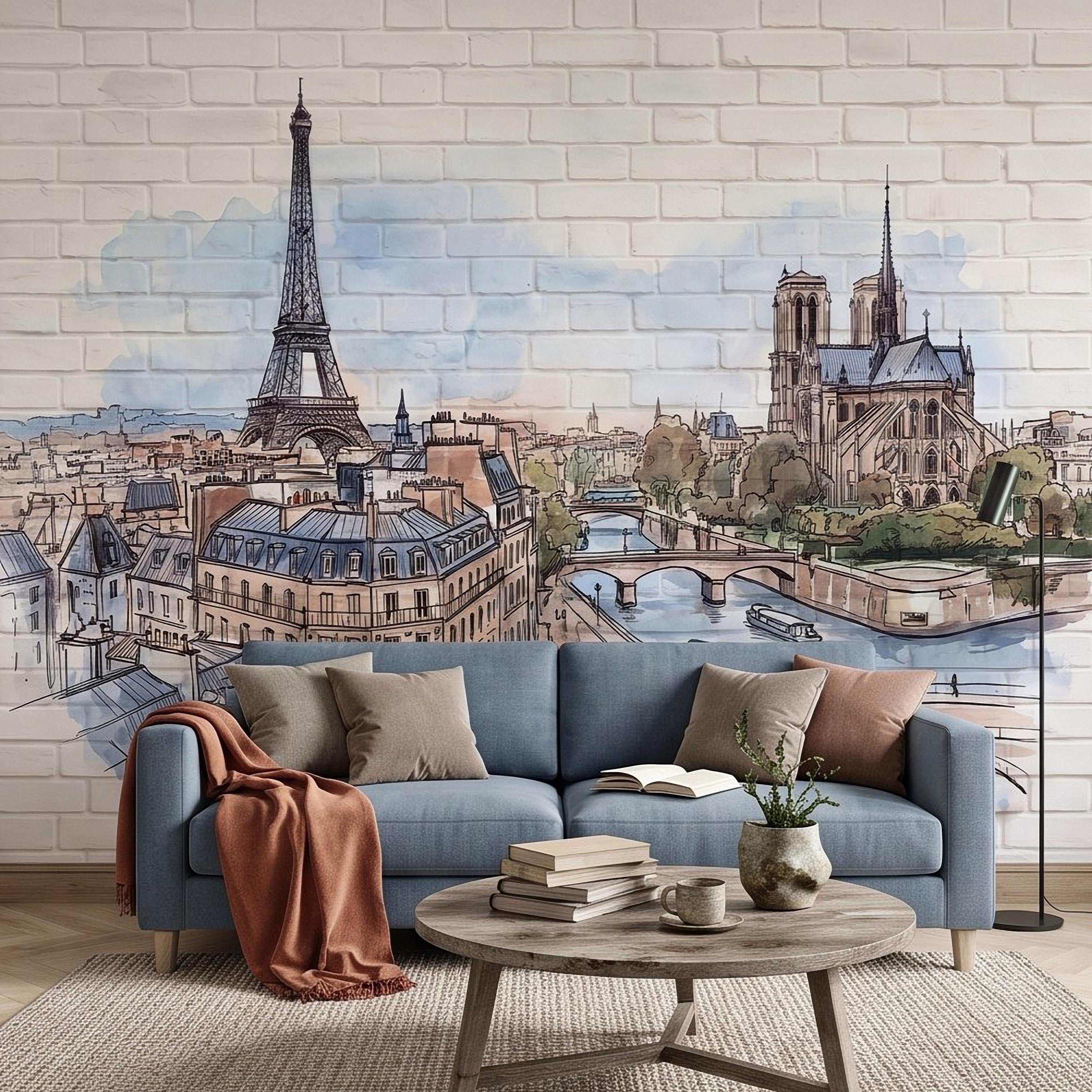 Paris Cityscape Peel and Stick Wall Mural, Eiffel Tower Notre Dame Watercolor Sketch French Architecture Wallpaper
