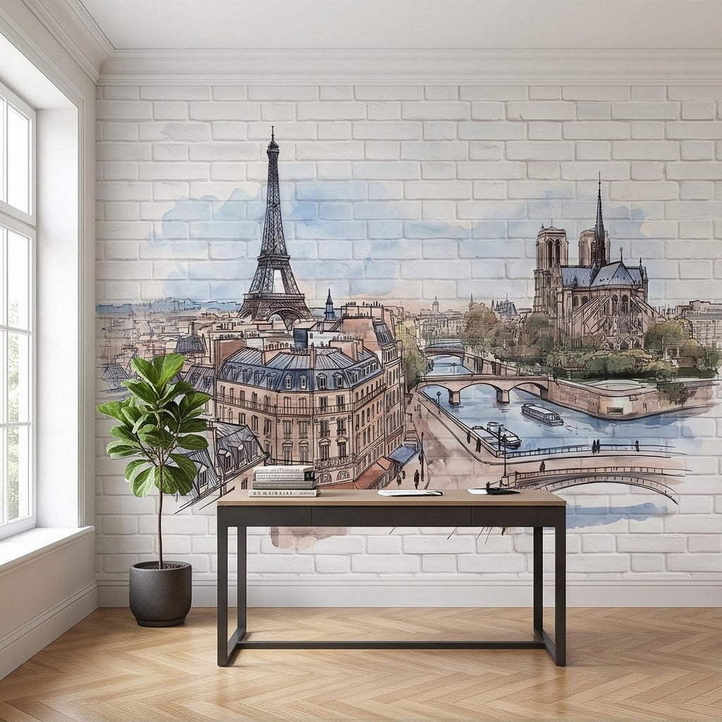 Paris Cityscape Peel and Stick Wall Mural, Eiffel Tower Notre Dame Watercolor Sketch French Architecture Wallpaper