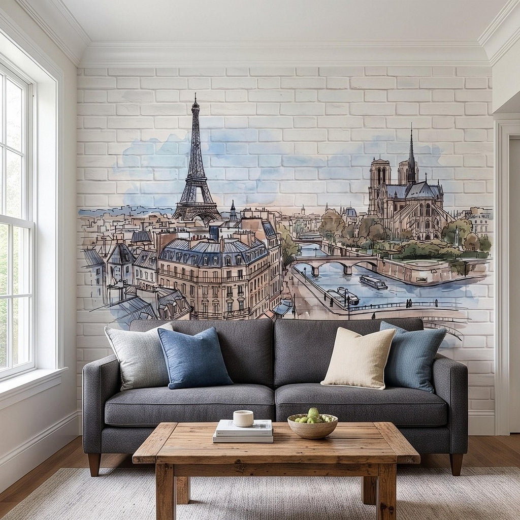 Paris Cityscape Peel and Stick Wall Mural, Eiffel Tower Notre Dame Watercolor Sketch French Architecture Wallpaper