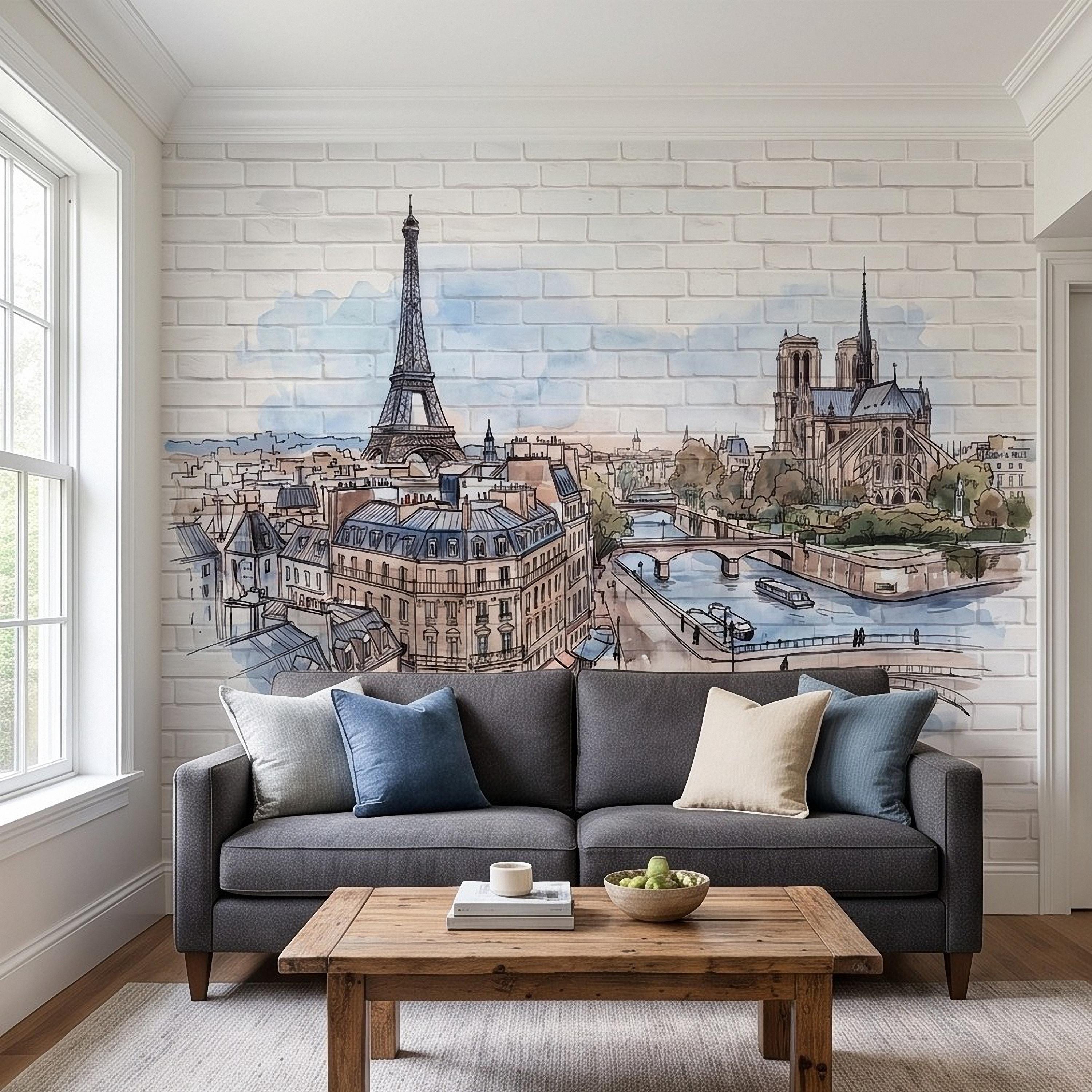 Paris Cityscape Peel and Stick Wall Mural, Eiffel Tower Notre Dame Watercolor Sketch French Architecture Wallpaper