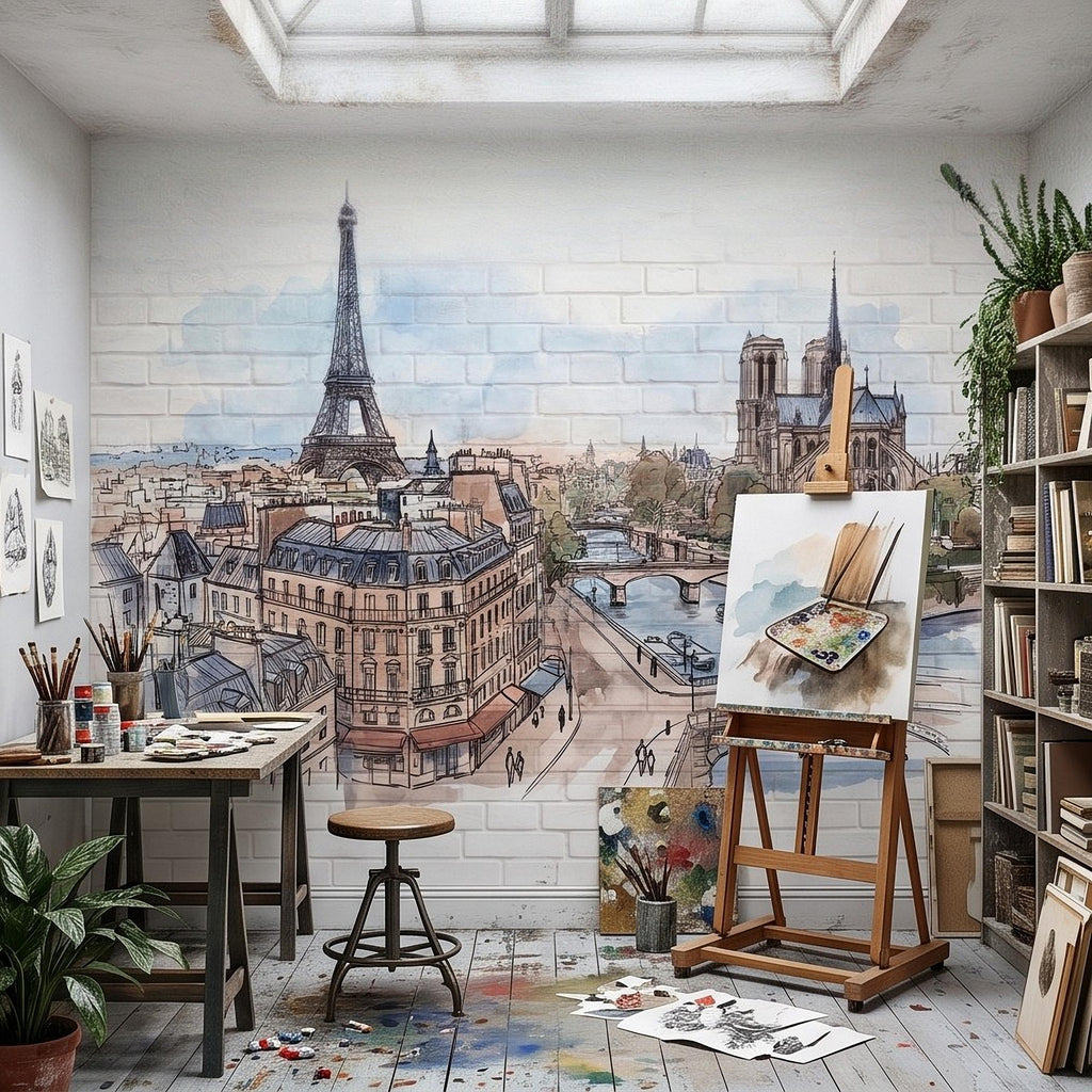 Paris Cityscape Peel and Stick Wall Mural, Eiffel Tower Notre Dame Watercolor Sketch French Architecture Wallpaper