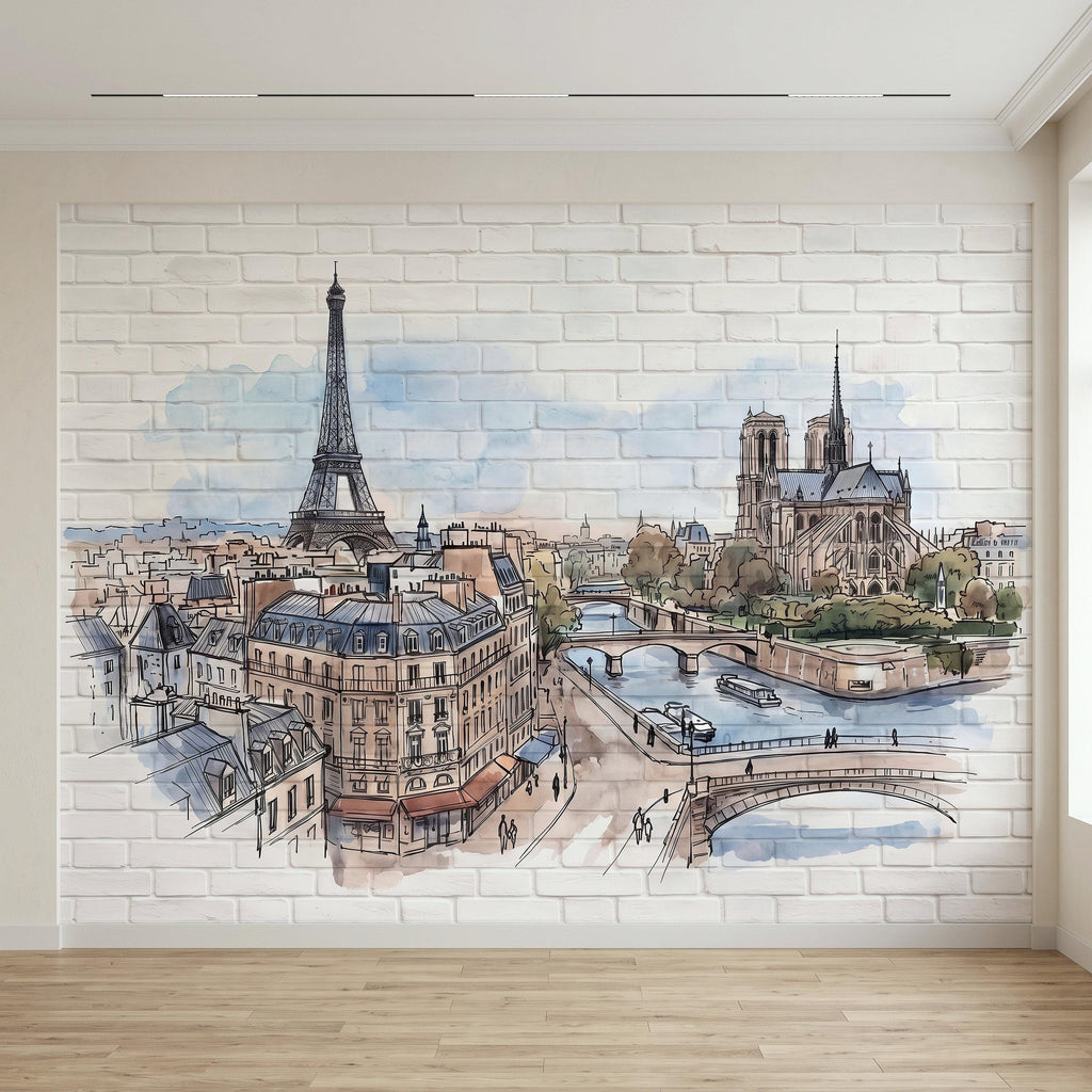 Paris Cityscape Peel and Stick Wall Mural, Eiffel Tower Notre Dame Watercolor Sketch French Architecture Wallpaper