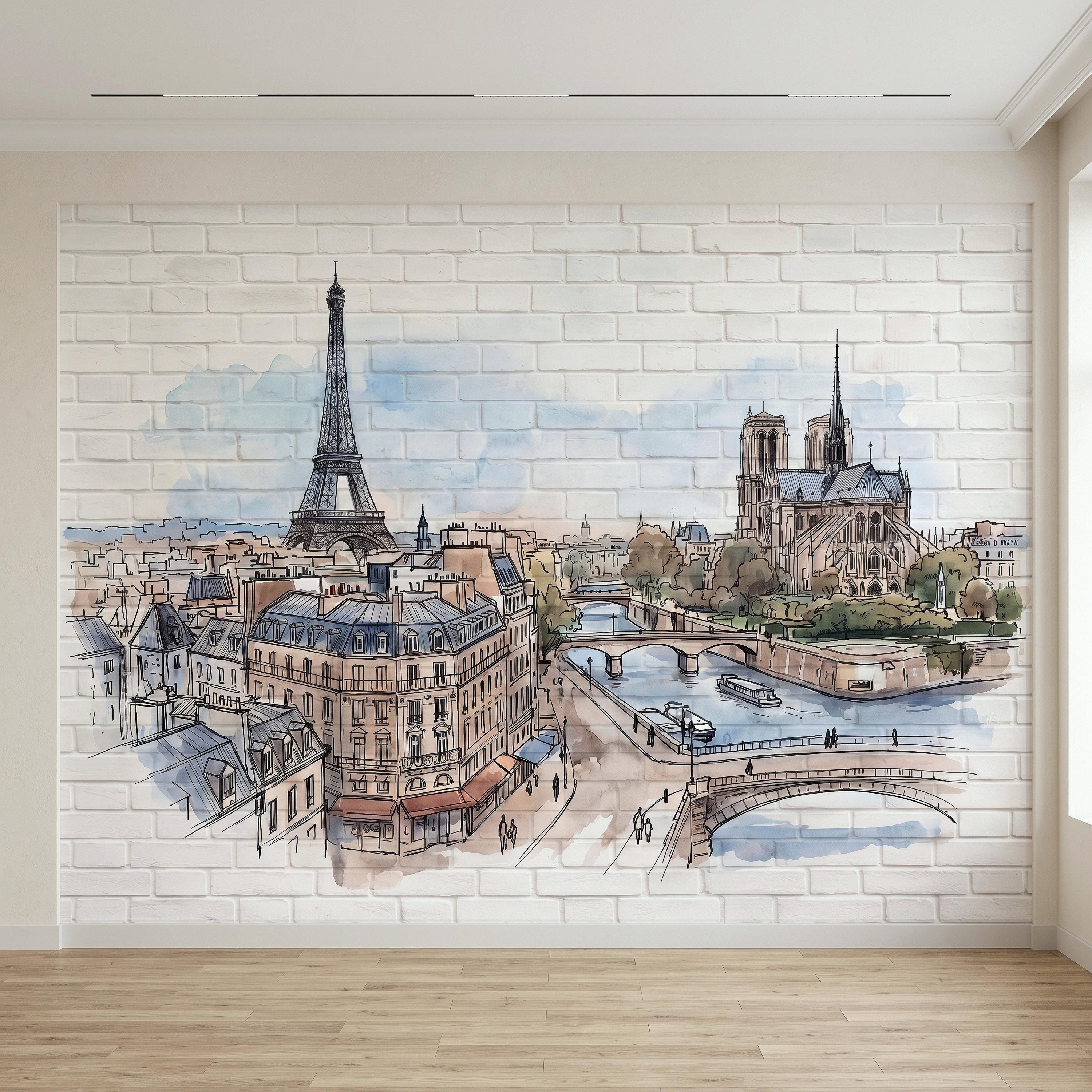 Paris Cityscape Peel and Stick Wall Mural, Eiffel Tower Notre Dame Watercolor Sketch French Architecture Wallpaper