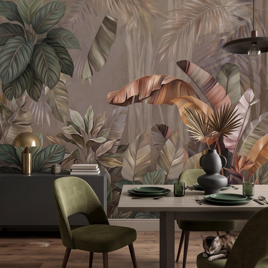 Neutral Tropical Botanical Peel and Stick Wall Mural, Banana Palm Leaves Exotic Foliage Earthy Nature Wallpaper