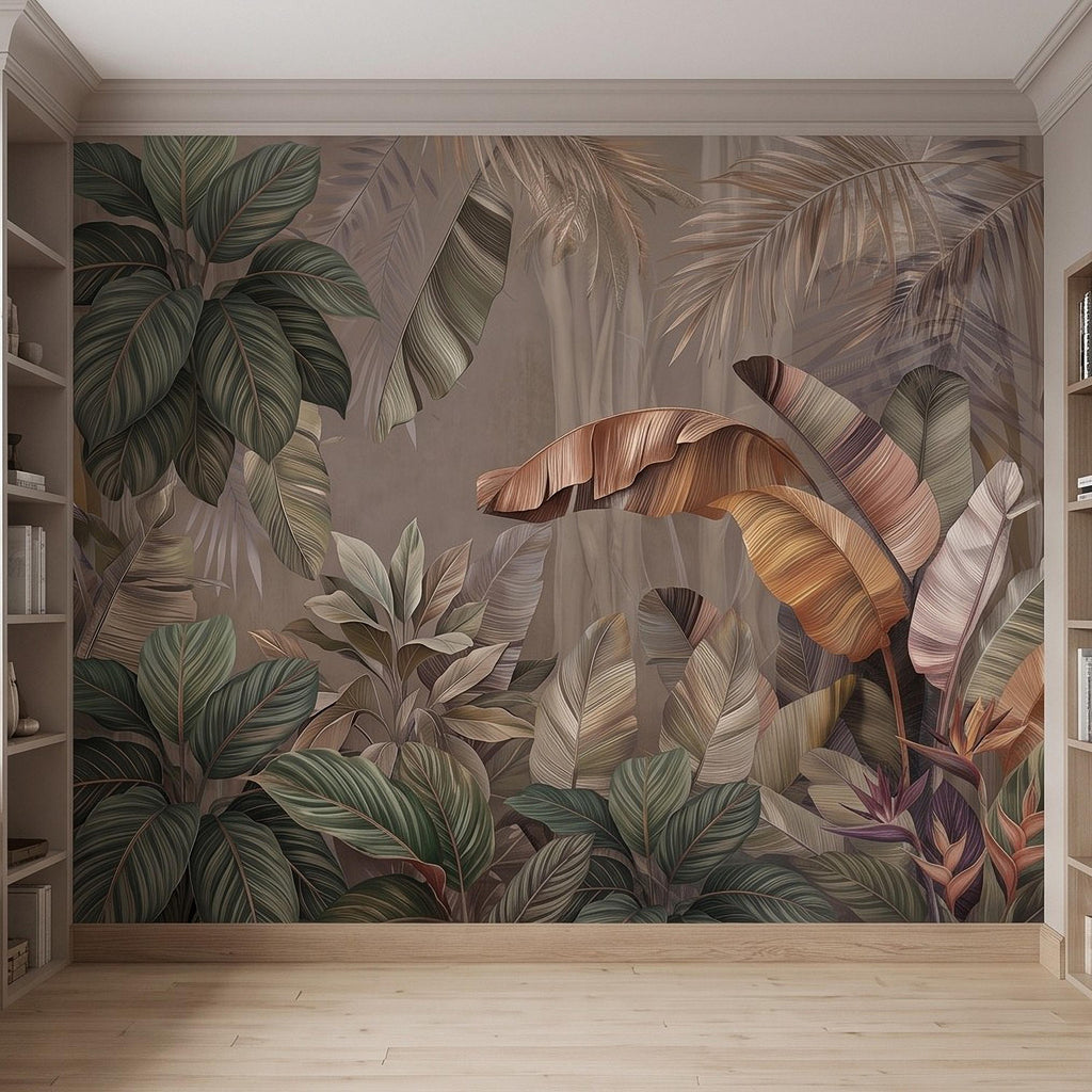 Neutral Tropical Botanical Peel and Stick Wall Mural, Banana Palm Leaves Exotic Foliage Earthy Nature Wallpaper